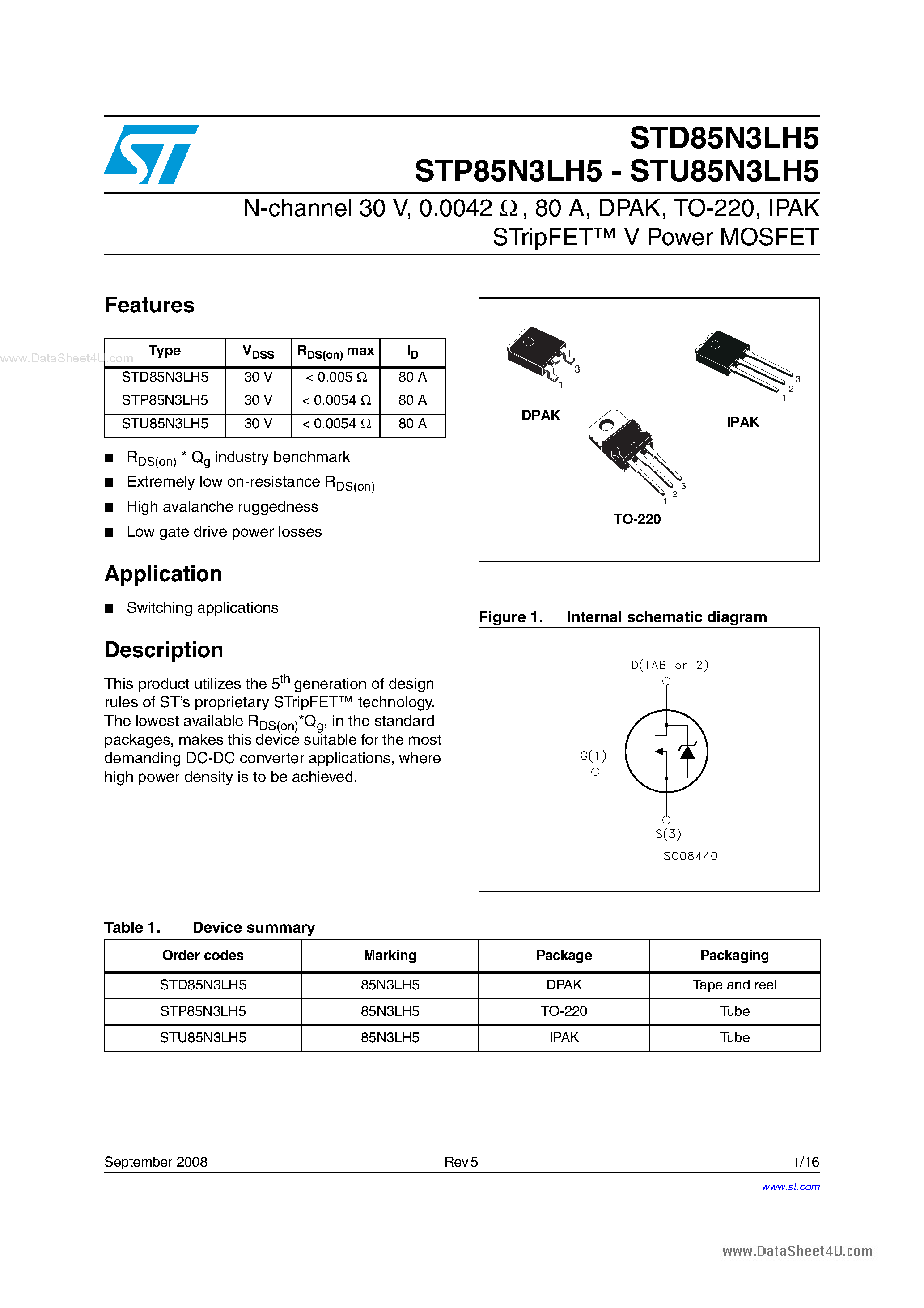 Datasheet STD85N3LH5 - N-channel Power MOSFET page 1