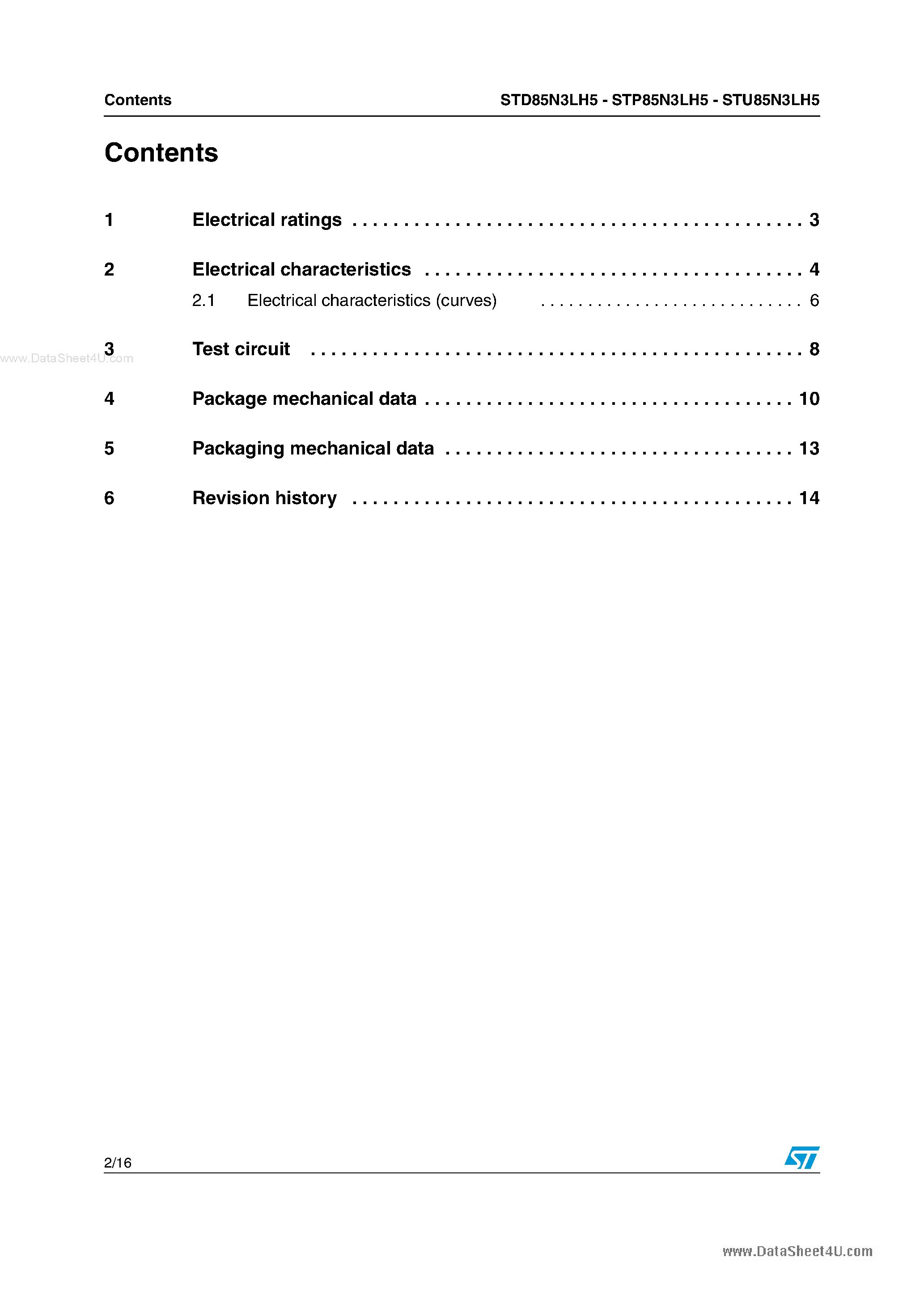Datasheet STP85N3LH5 page 2 Datasheet STP85N3LH5 - N-channel Power MOSFET page 2