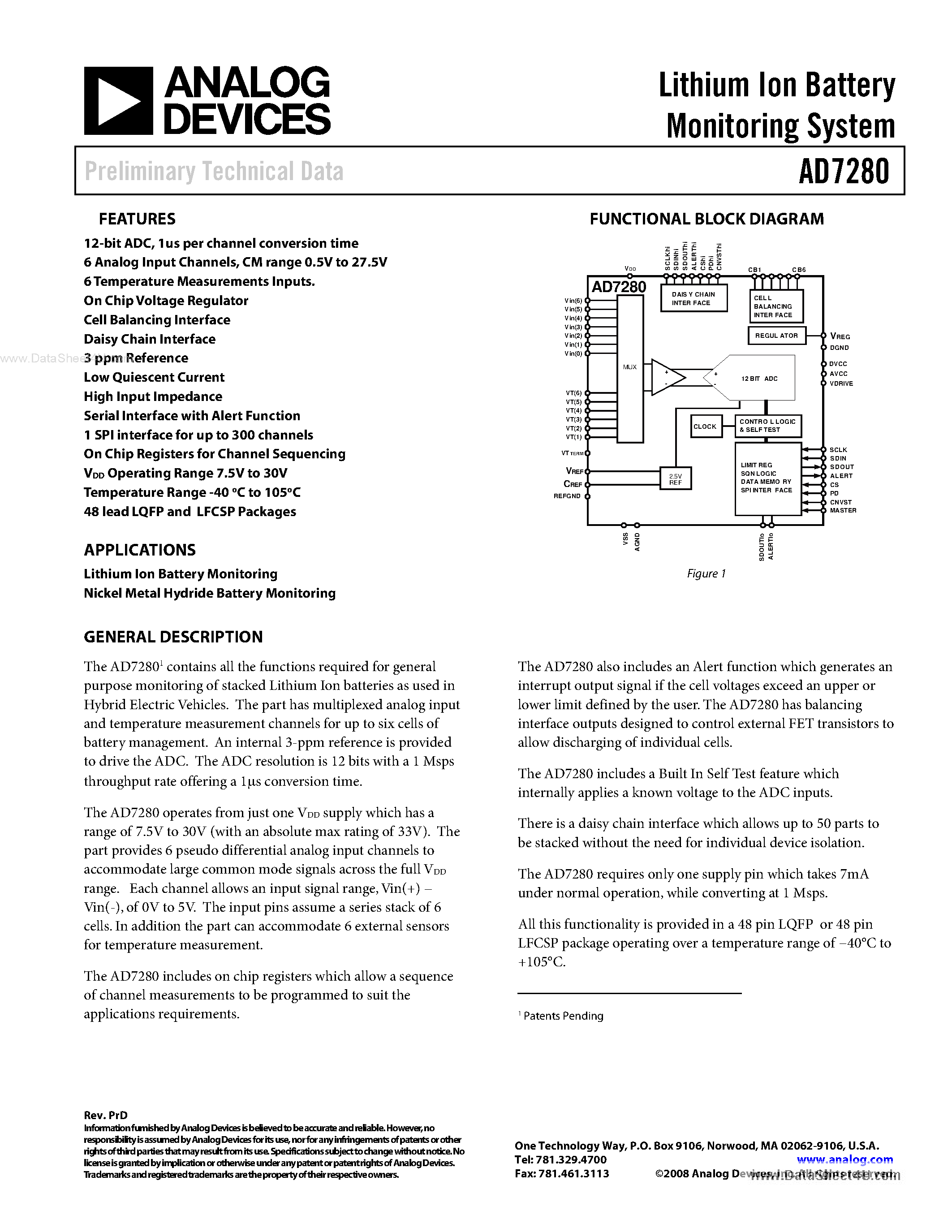 Datasheet AD7280 - Lithium Ion Battery Monitoring System page 1