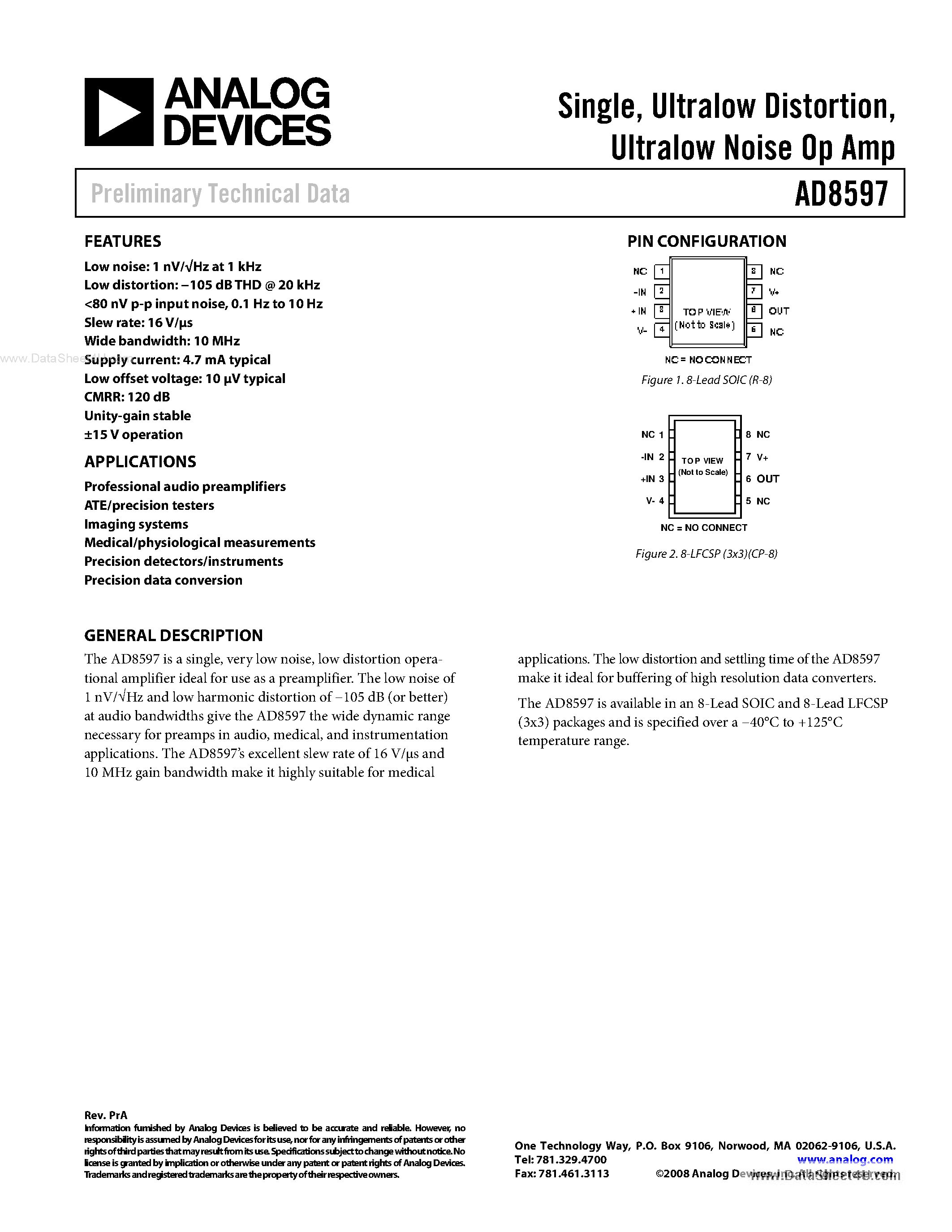 Datasheet AD8597 page 1 Datasheet AD8597 - Ultralow Noise Op Amp page 1