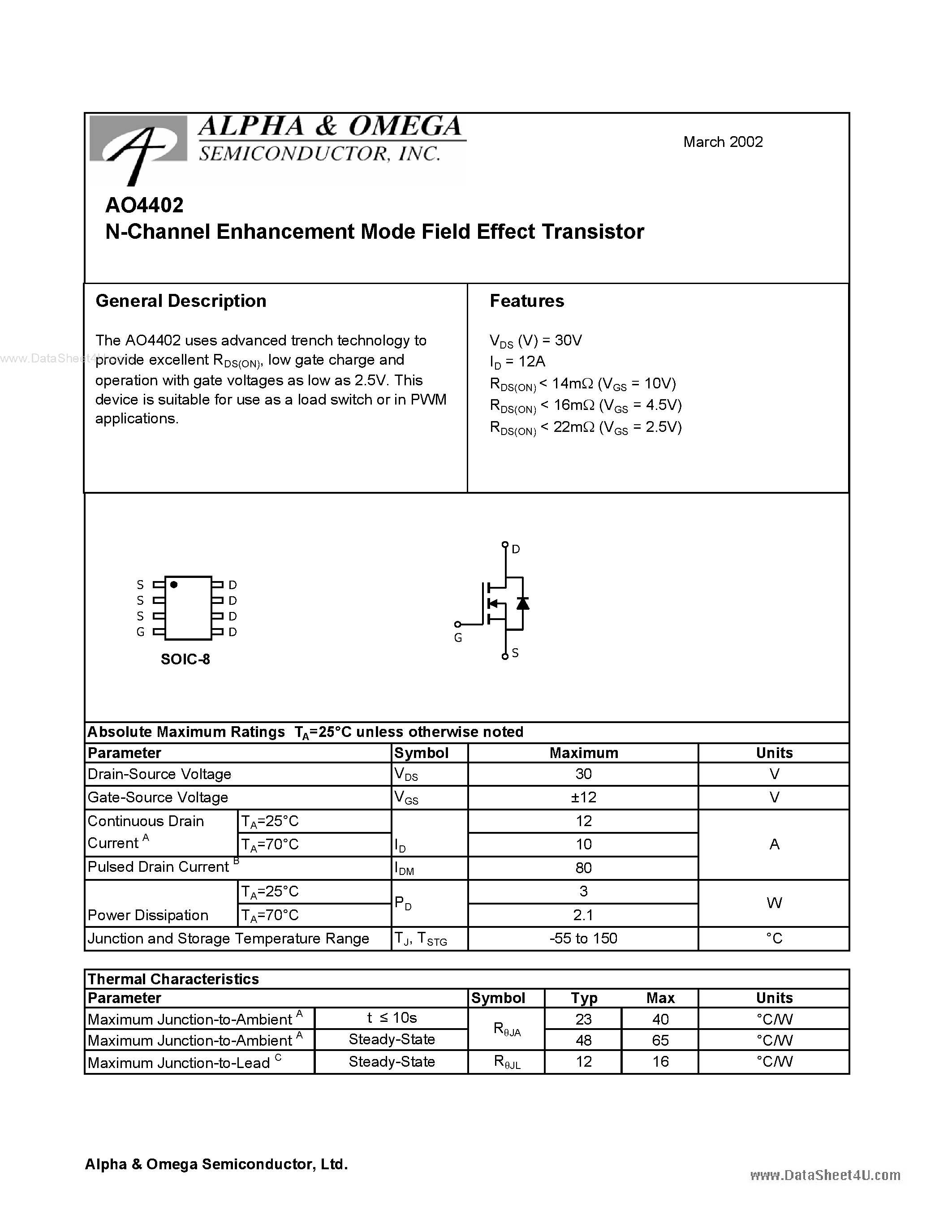Datasheet AO4402 - N-Channel Enhancement Mode Field Effect Transistor page 1
