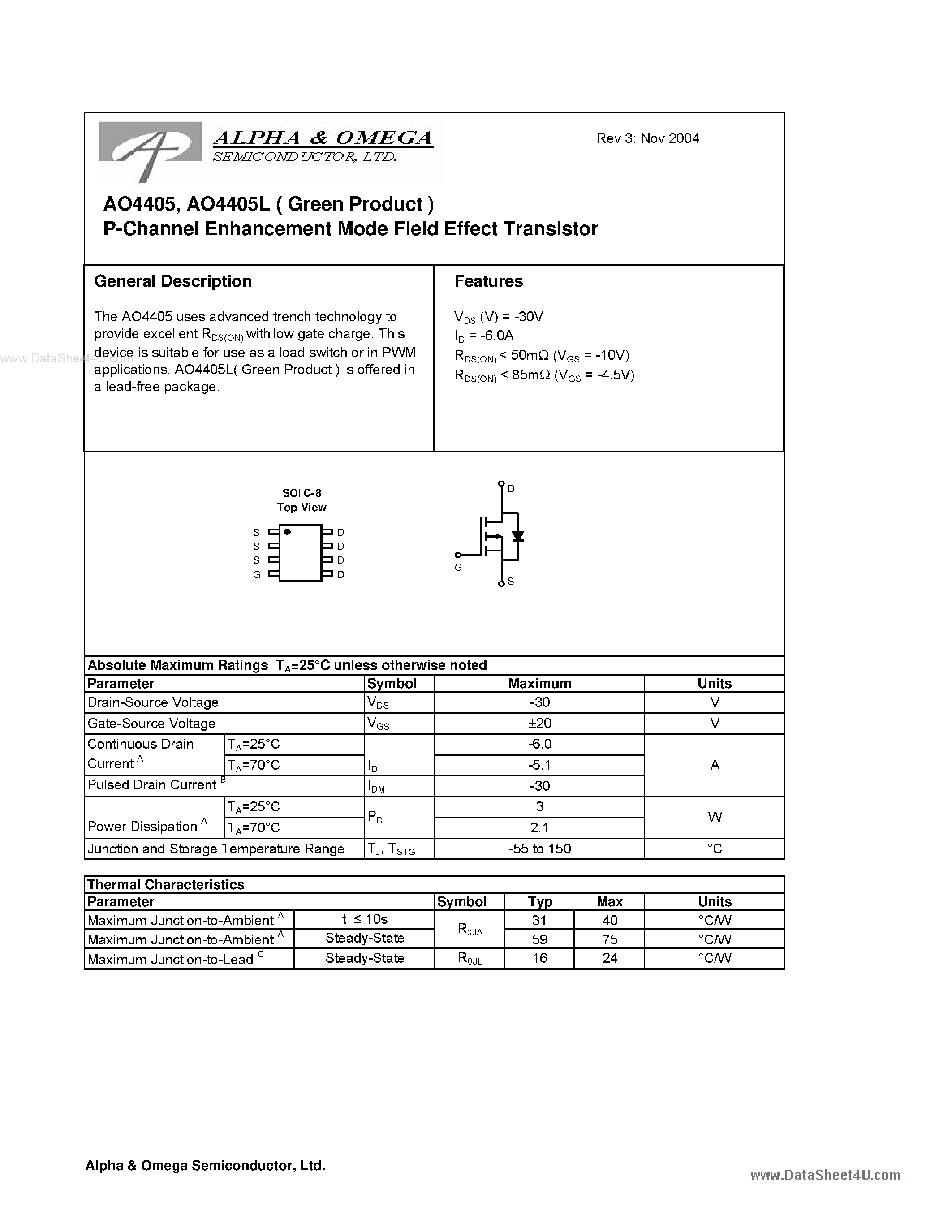 Datasheet AO4405 - P-Channel Enhancement Mode Field Effect Transistor page 1