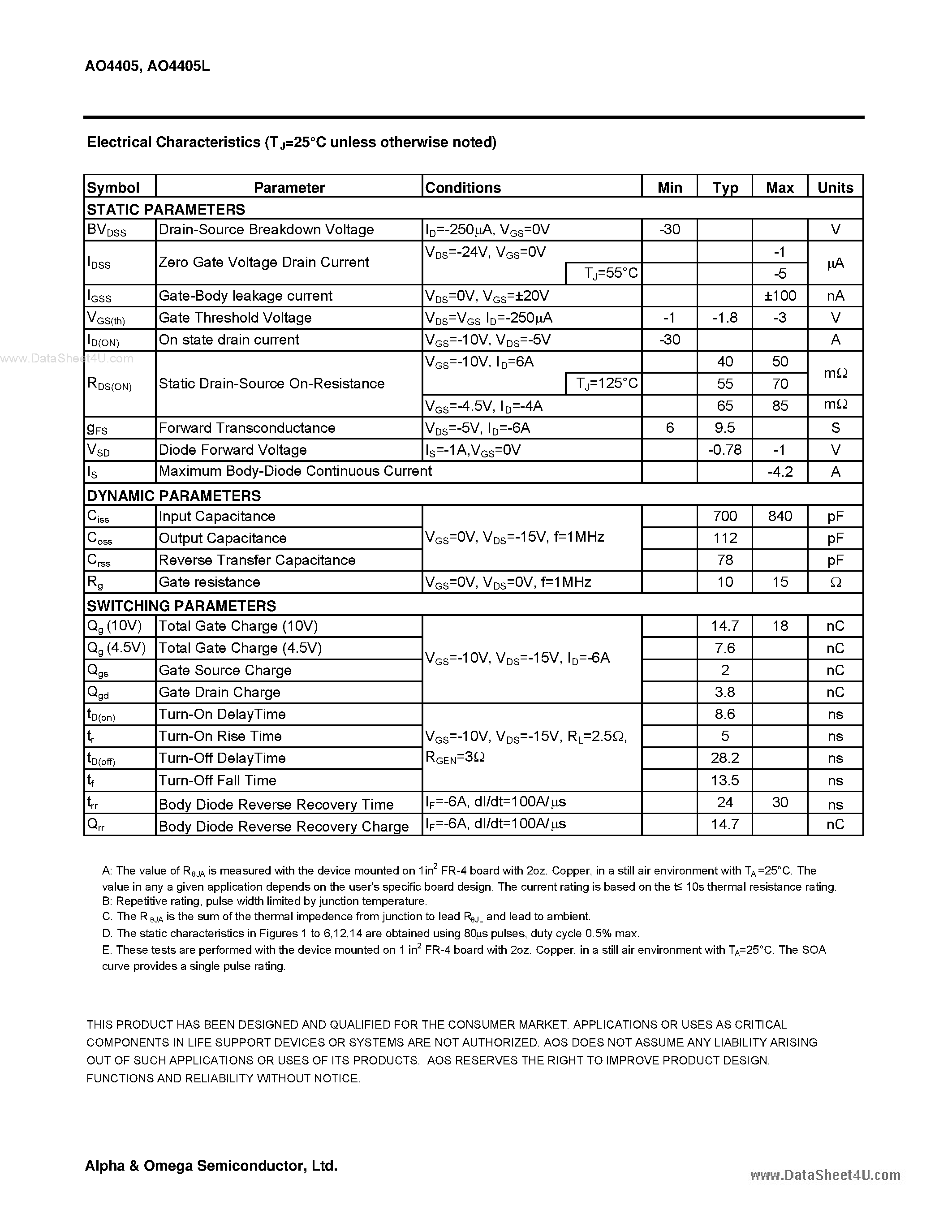 Datasheet AO4405 - P-Channel Enhancement Mode Field Effect Transistor page 2