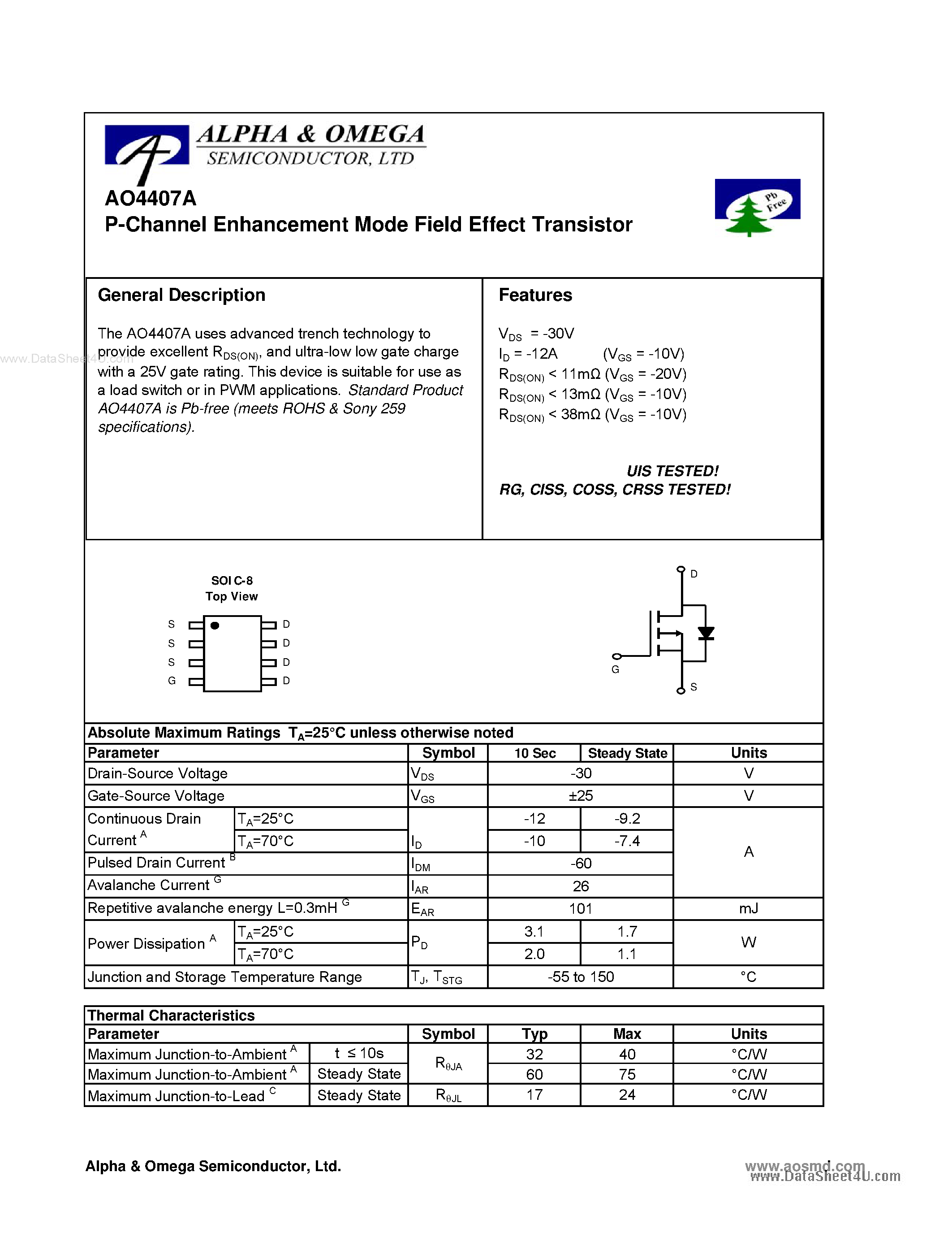 Datasheet AO4407A - P-Channel Enhancement Mode Field Effect Transistor page 1