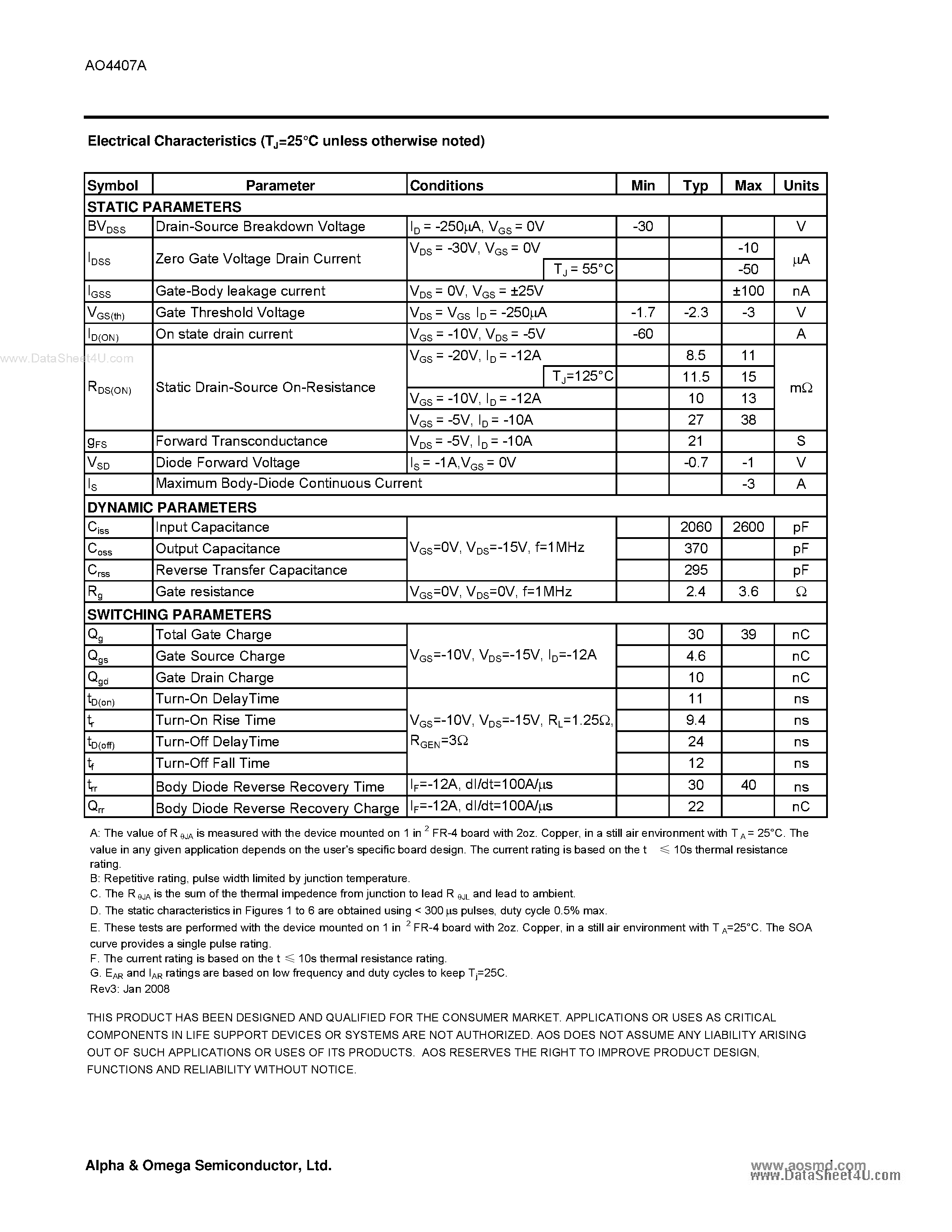 Datasheet AO4407A - P-Channel Enhancement Mode Field Effect Transistor page 2