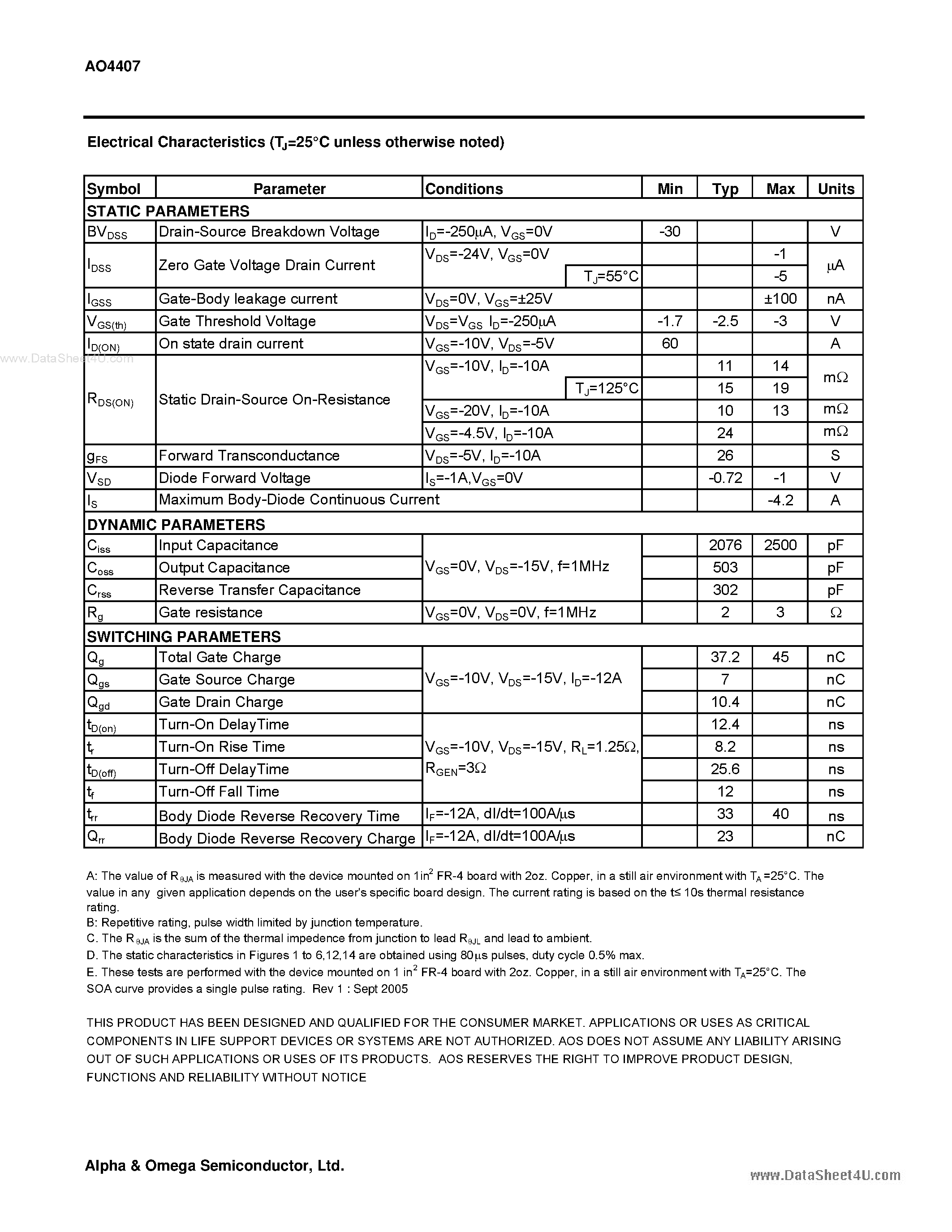 Datasheet AO4407 - P-Channel Enhancement Mode Field Effect Transistor page 2