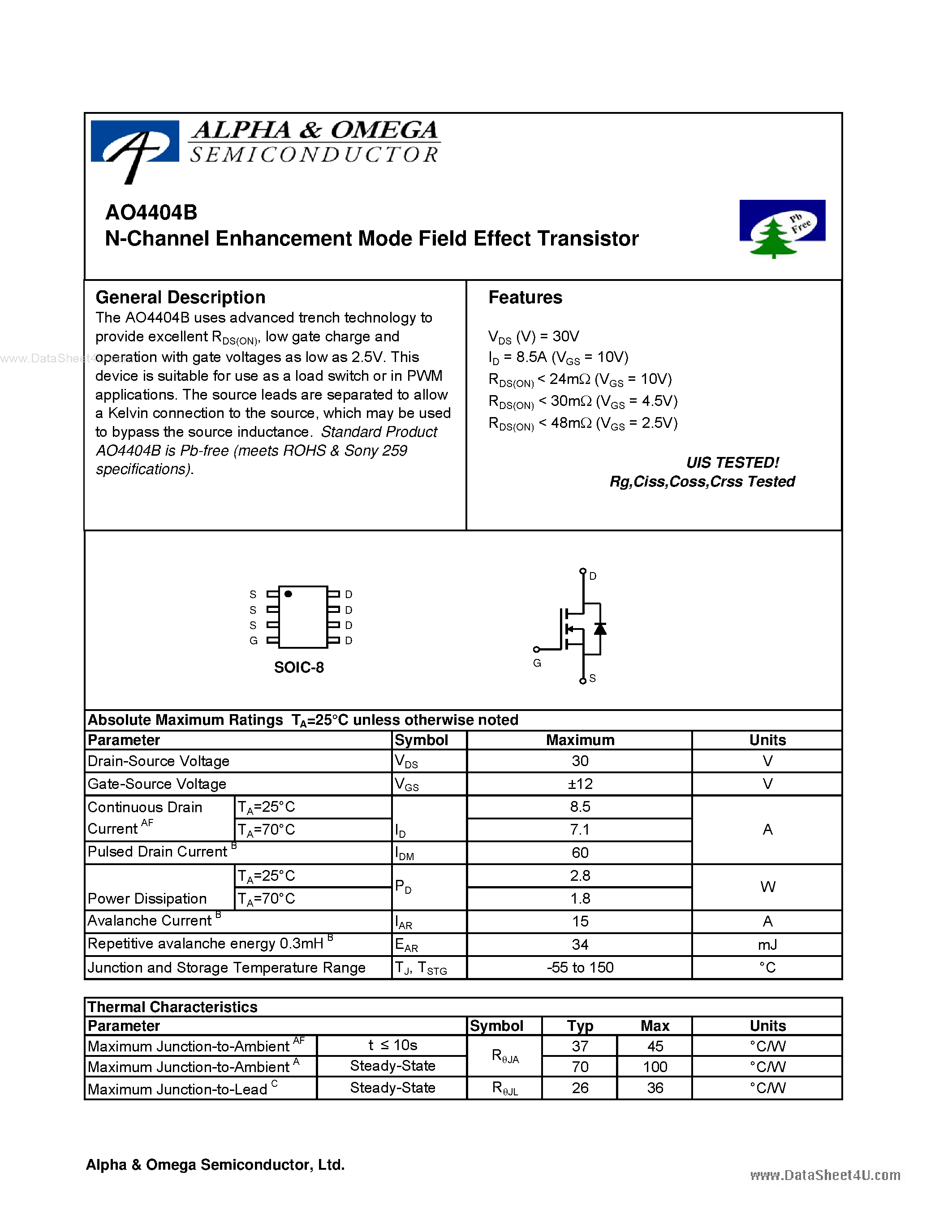 Datasheet AO4404B - N-Channel Enhancement Mode Field Effect Transistor page 1