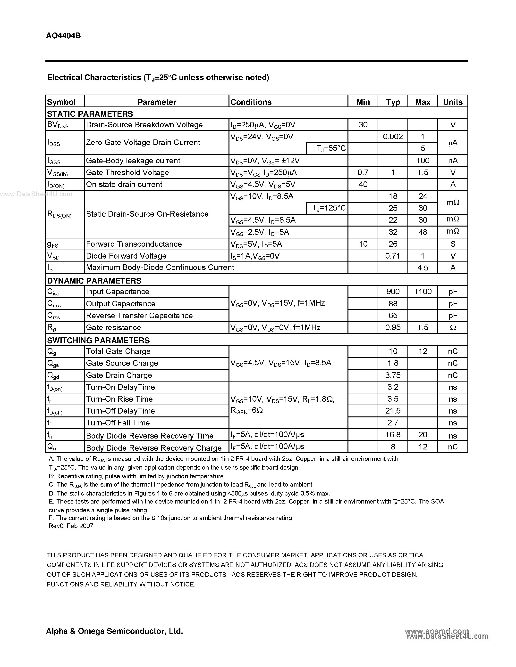 Datasheet AO4404B - N-Channel Enhancement Mode Field Effect Transistor page 2