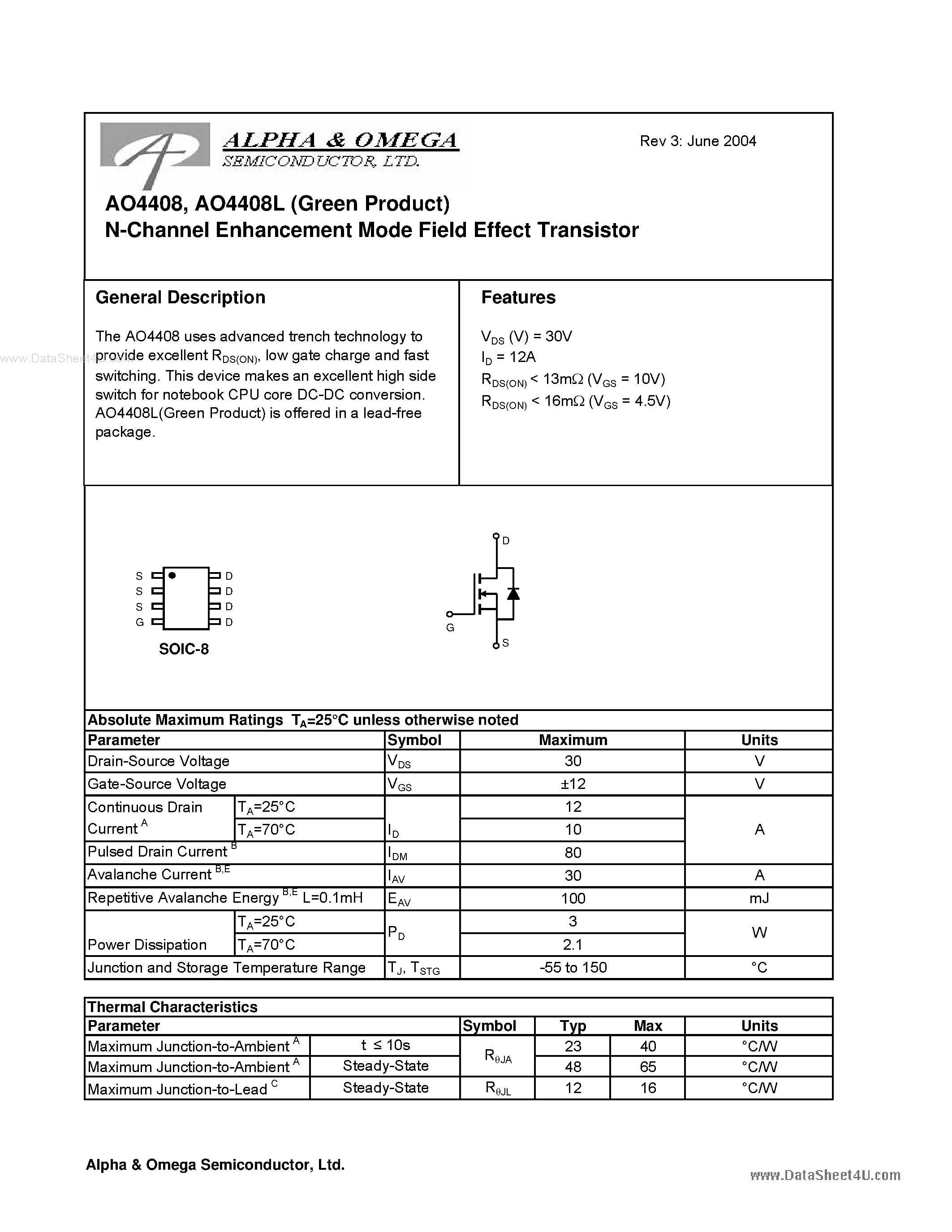 Datasheet AO4408 - N-Channel Enhancement Mode Field Effect Transistor page 1