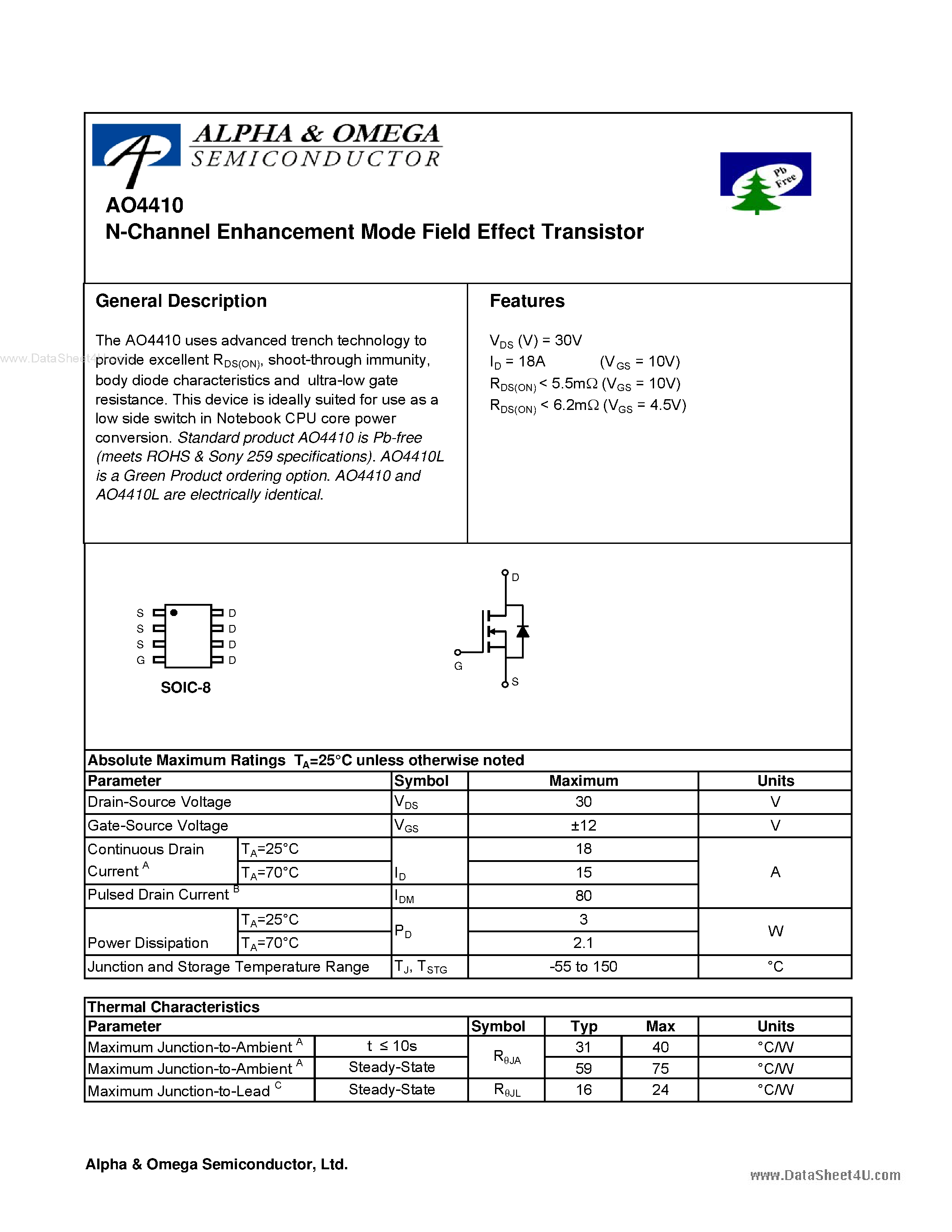 Datasheet AO4410 - N-Channel Enhancement Mode Field Effect Transistor page 1