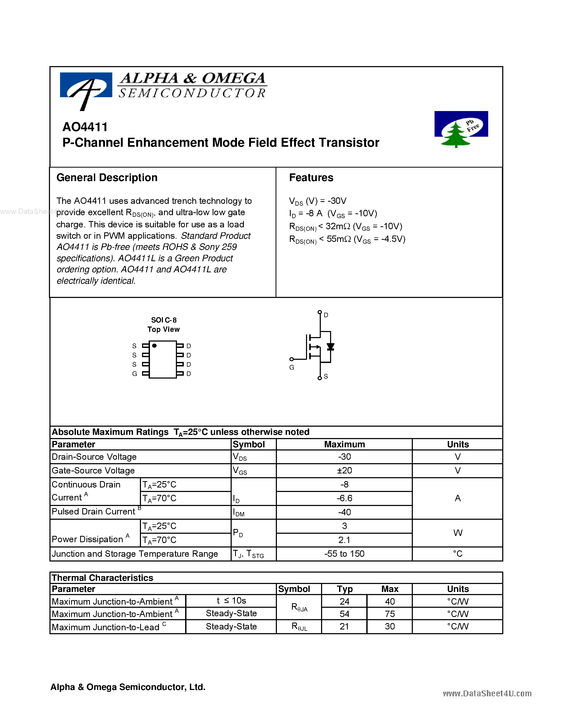 Datasheet AO4411 - P-Channel Enhancement Mode Field Effect Transistor page 1