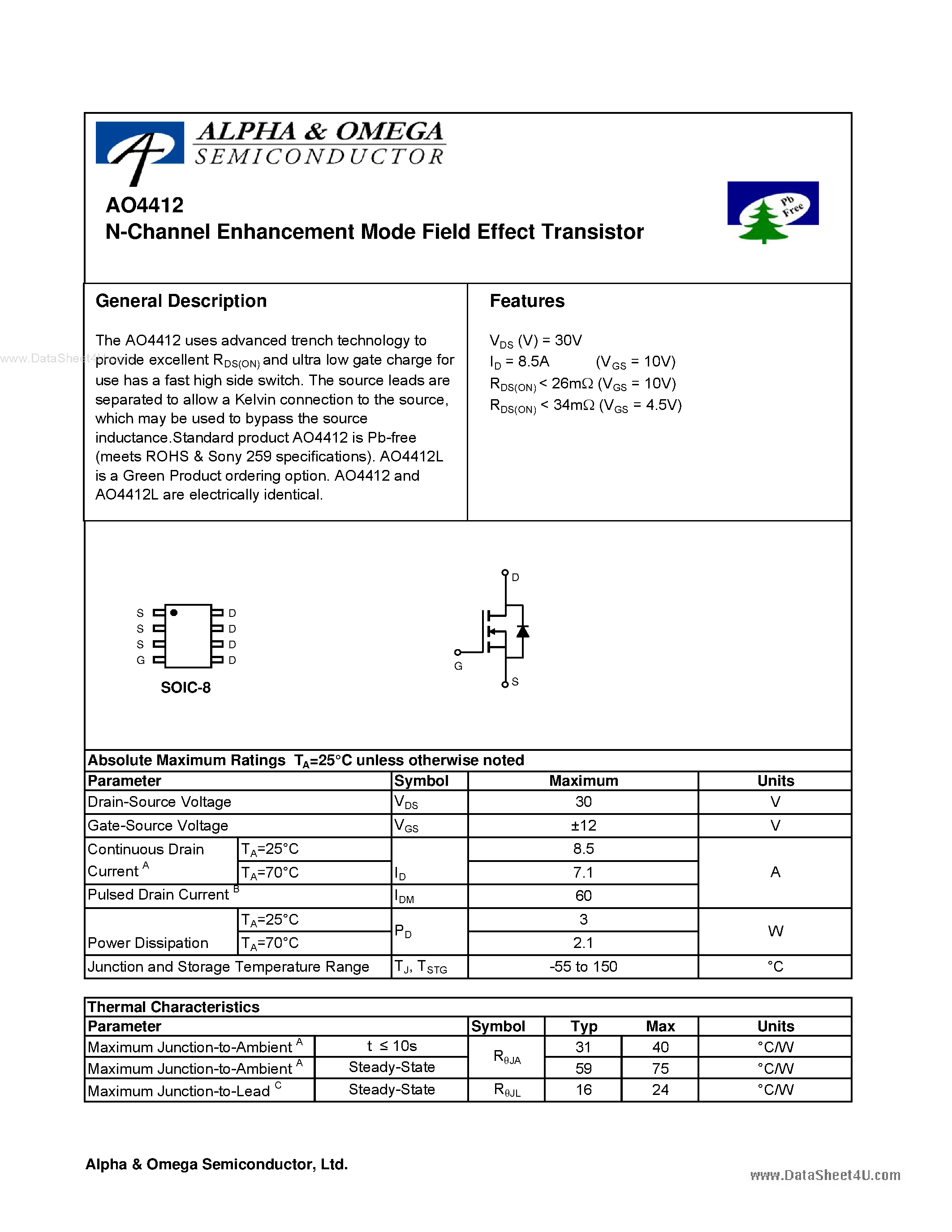 Datasheet AO4412 - N-Channel Enhancement Mode Field Effect Transistor page 1