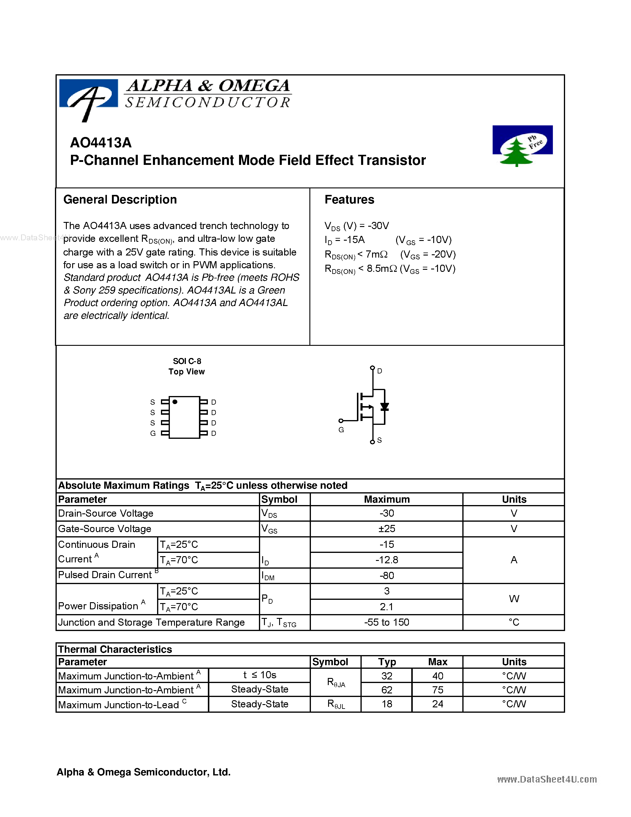 Datasheet AO4413A - P-Channel Enhancement Mode Field Effect Transistor page 1