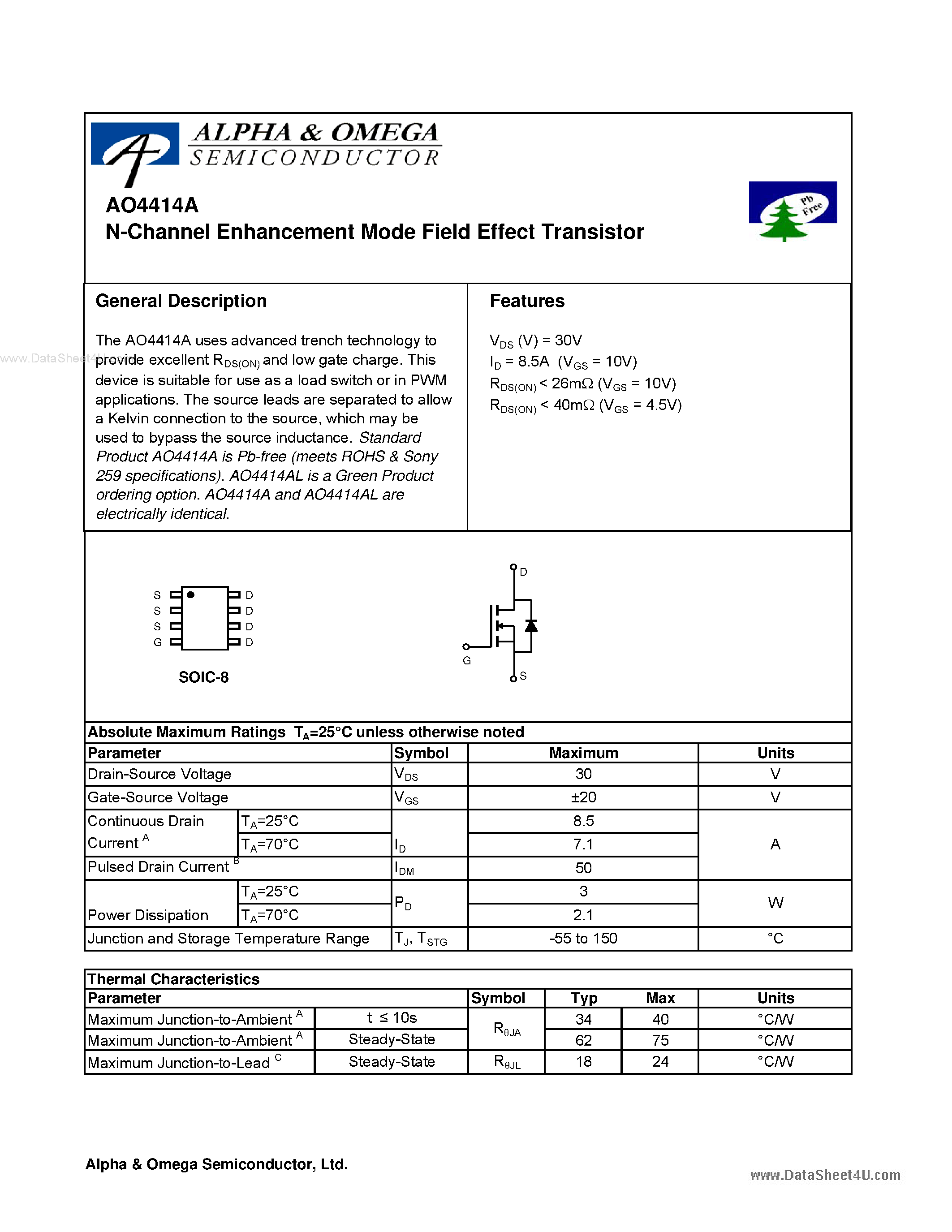 Datasheet AO4414A - N-Channel Enhancement Mode Field Effect Transistor page 1