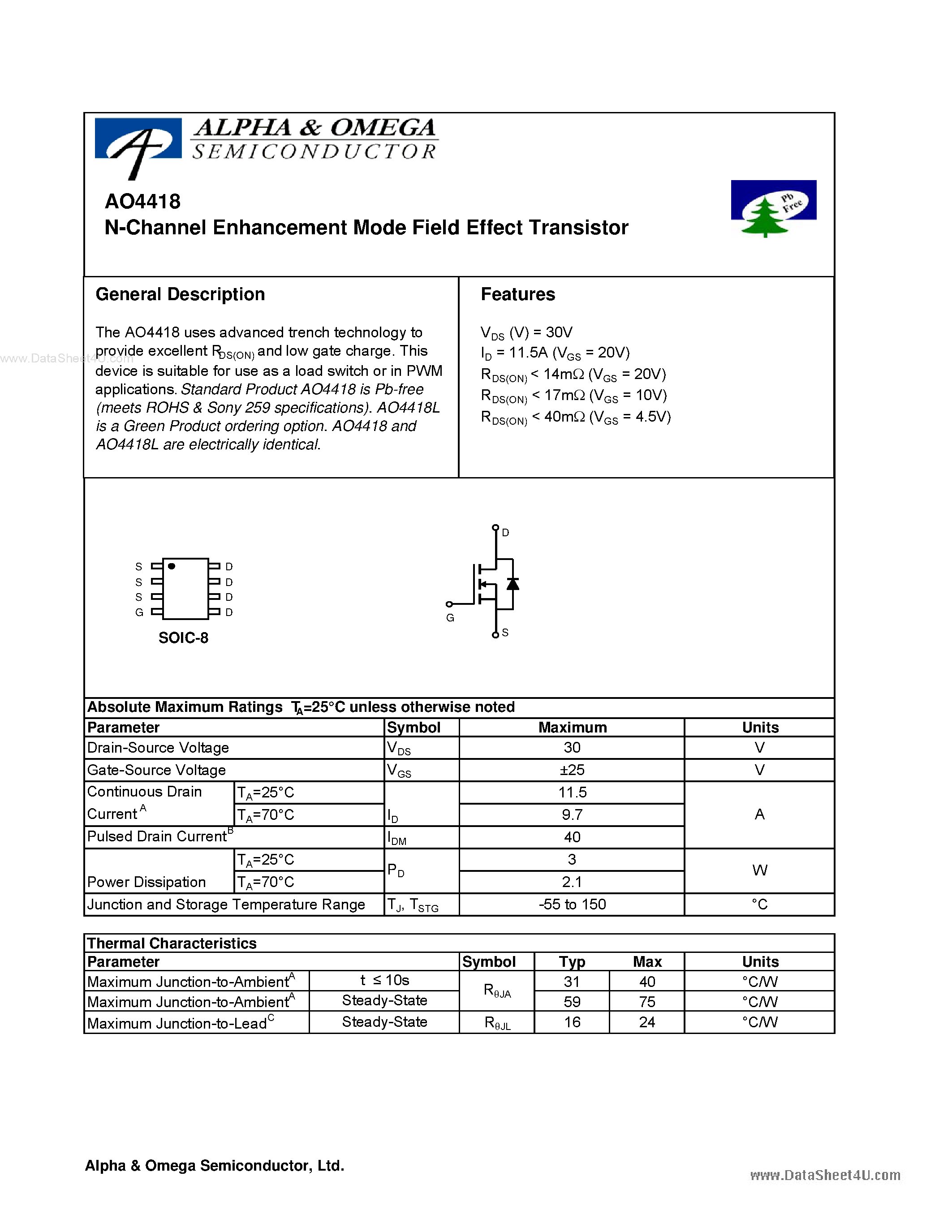 Datasheet AO4418 - N-Channel Enhancement Mode Field Effect Transistor page 1