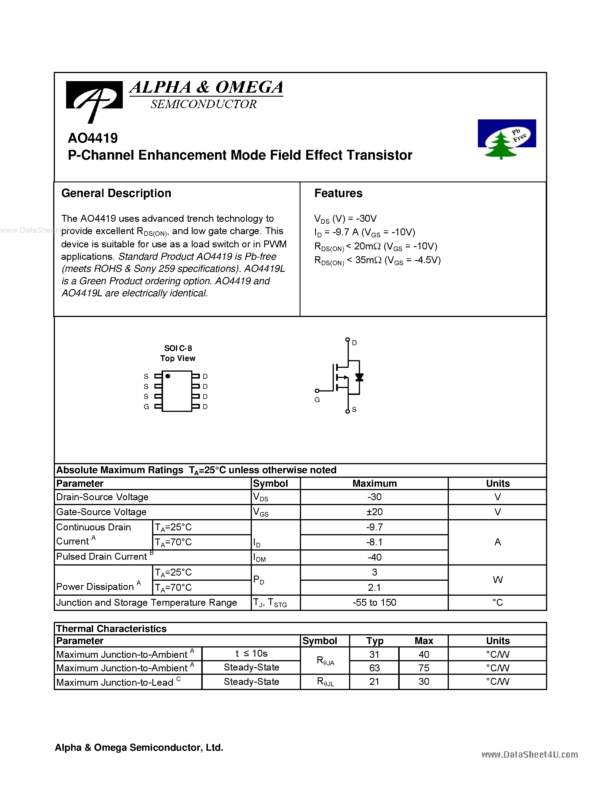 Datasheet AO4419 - P-Channel Enhancement Mode Field Effect Transistor page 1