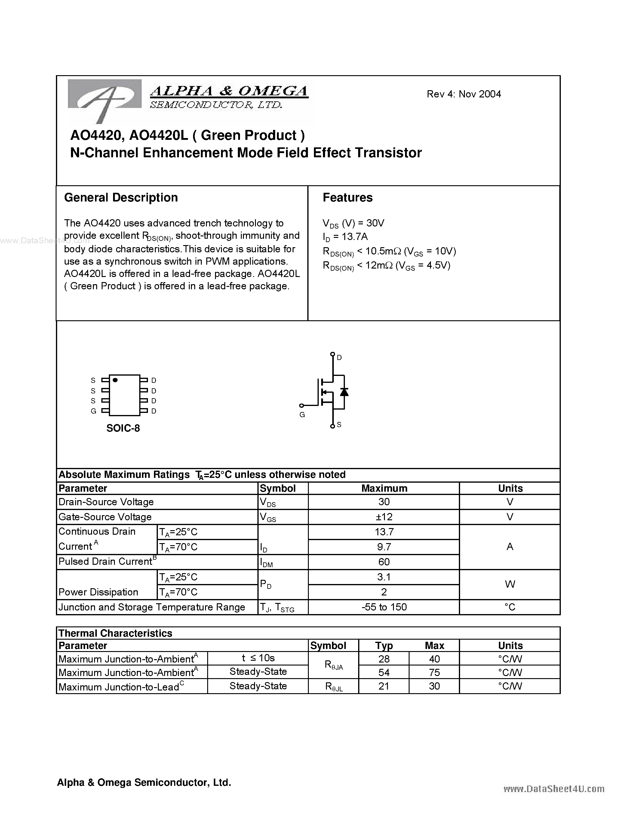 Datasheet AO4420 - N-Channel Enhancement Mode Field Effect Transistor page 1