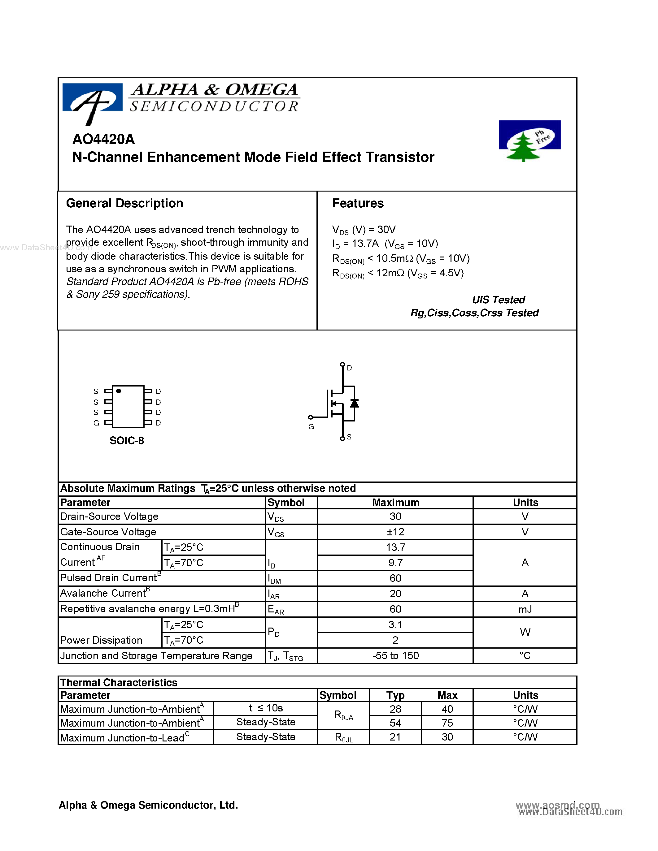 Datasheet AO4420A - N-Channel Enhancement Mode Field Effect Transistor page 1