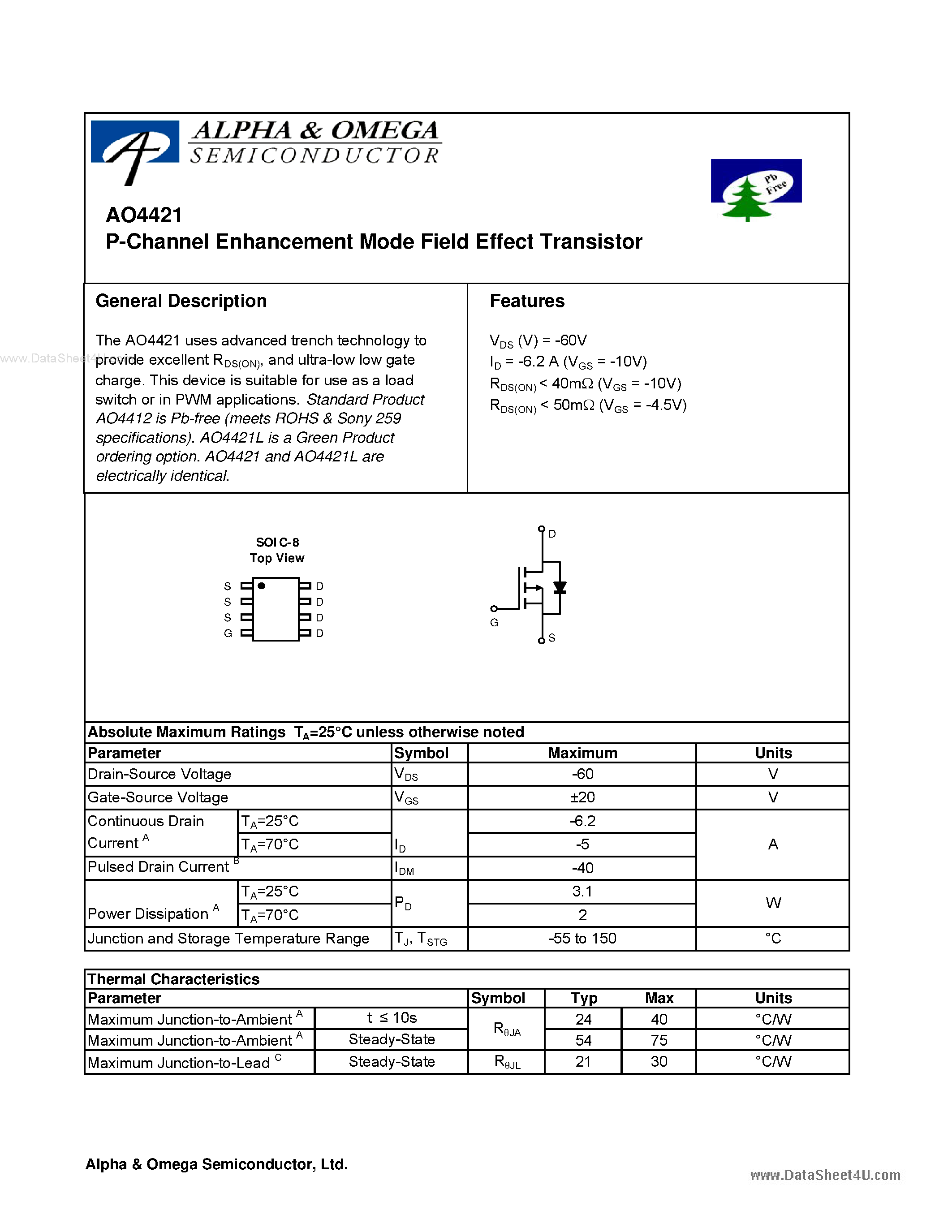 Datasheet AO4421 - P-Channel Enhancement Mode Field Effect Transistor page 1