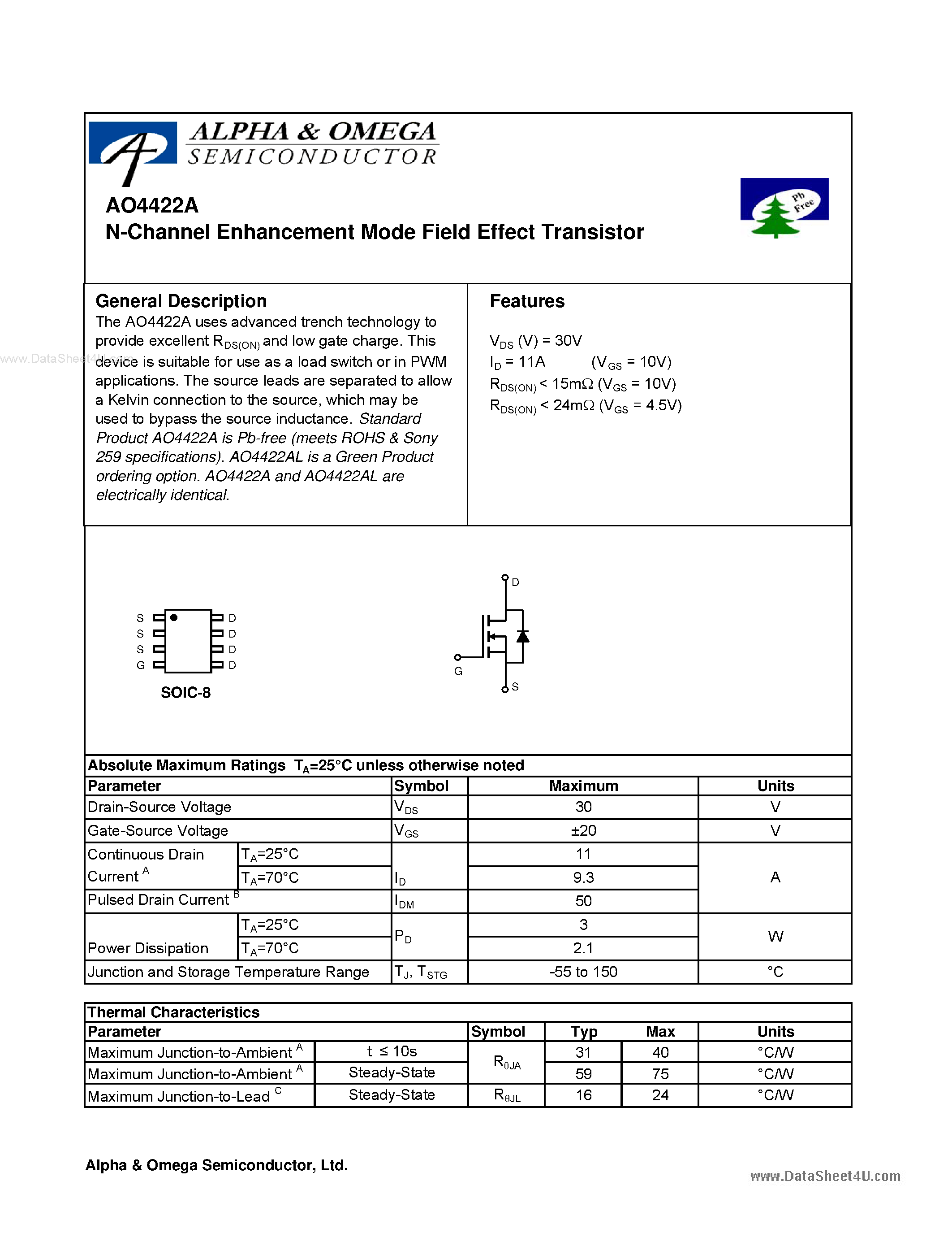 Datasheet AO4422A - N-Channel Enhancement Mode Field Effect Transistor page 1