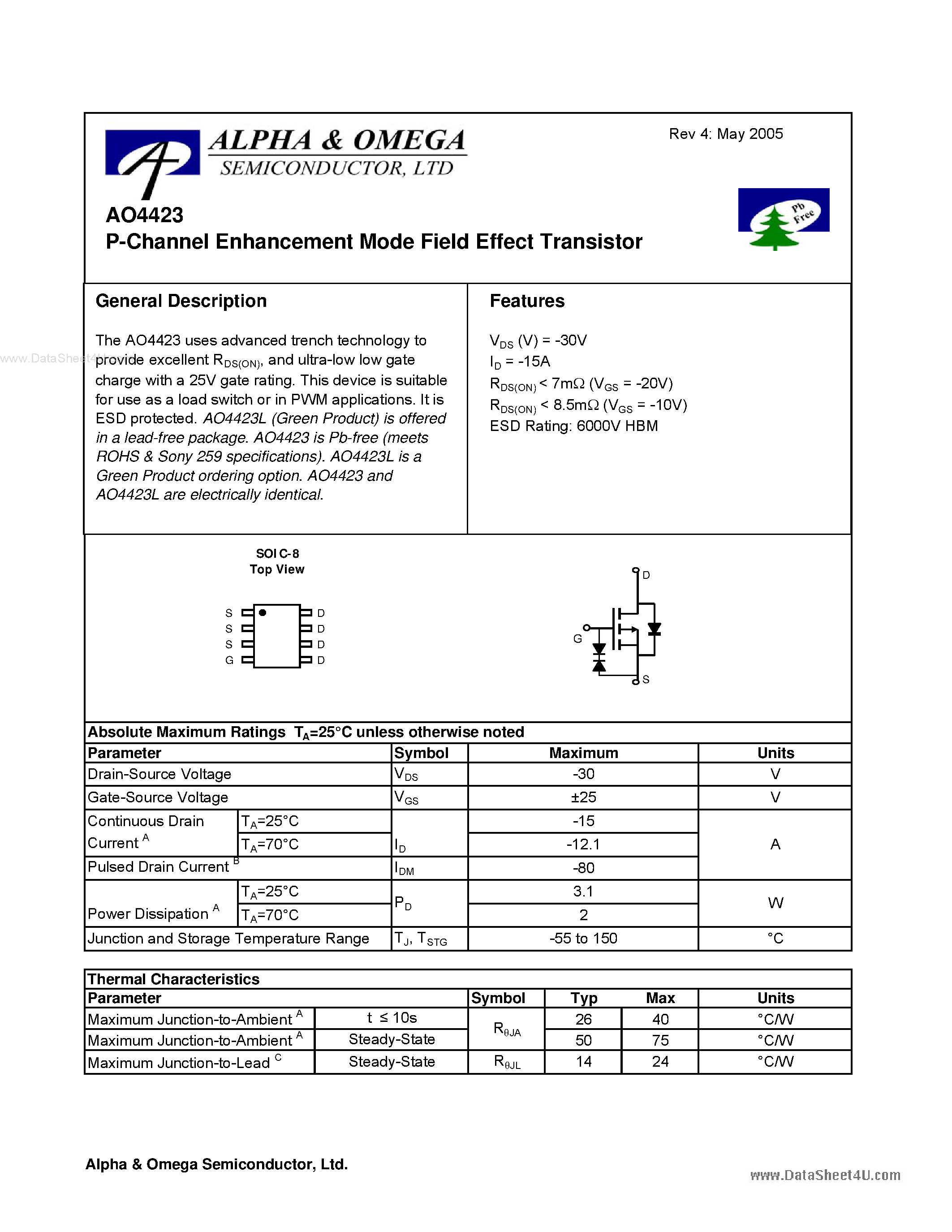 Datasheet AO4423 - P-Channel Enhancement Mode Field Effect Transistor page 1