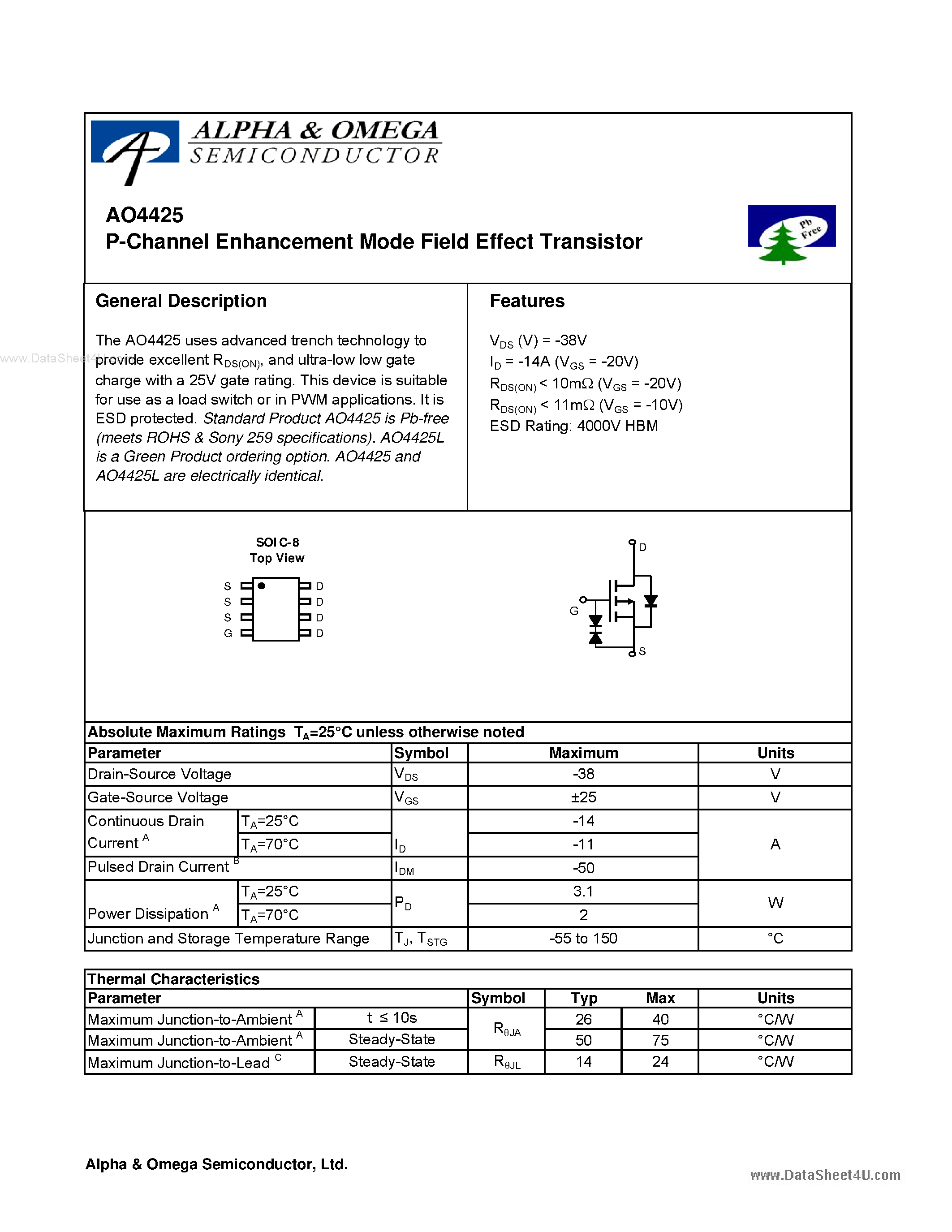 Datasheet AO4425 - P-Channel Enhancement Mode Field Effect Transistor page 1
