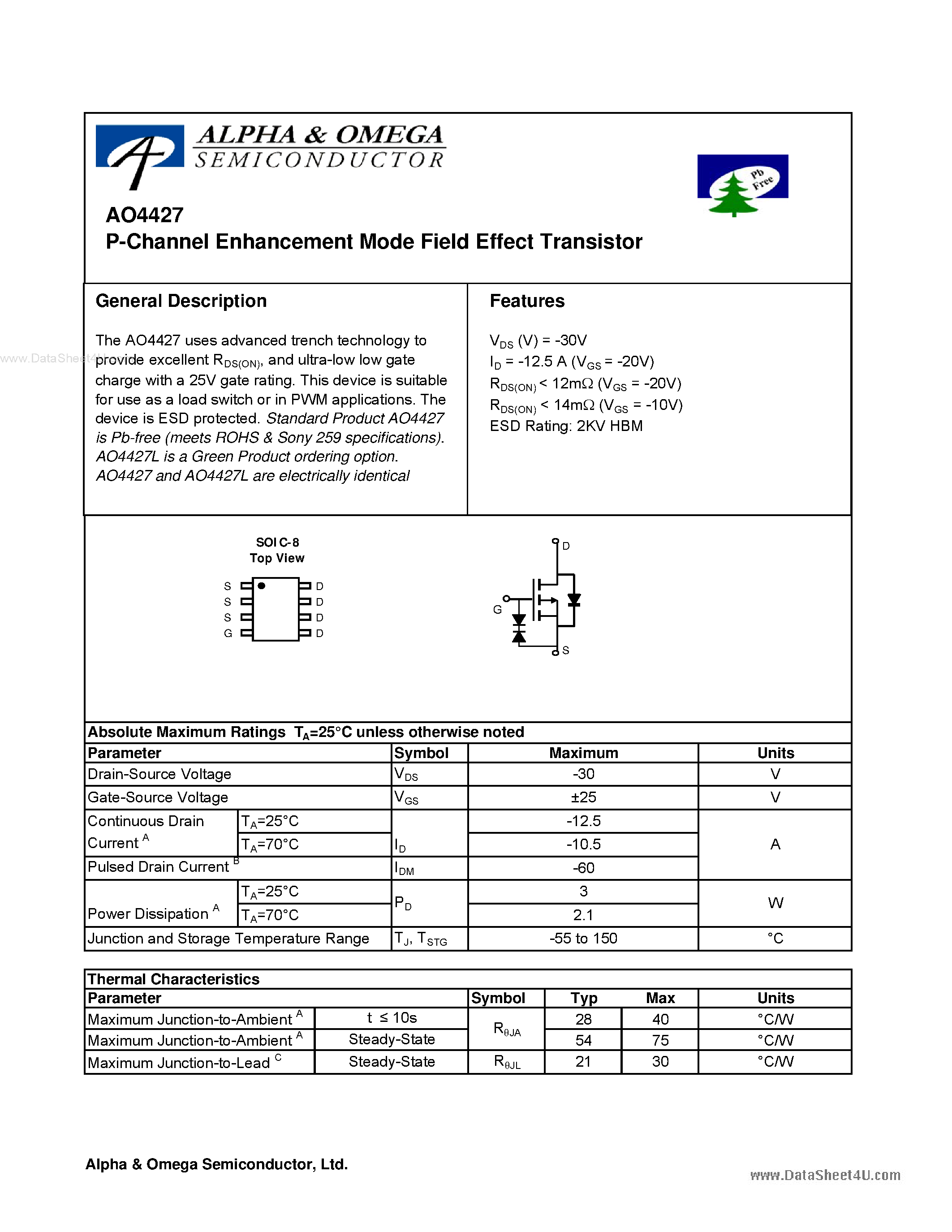 Datasheet AO4427 - P-Channel Enhancement Mode Field Effect Transistor page 1