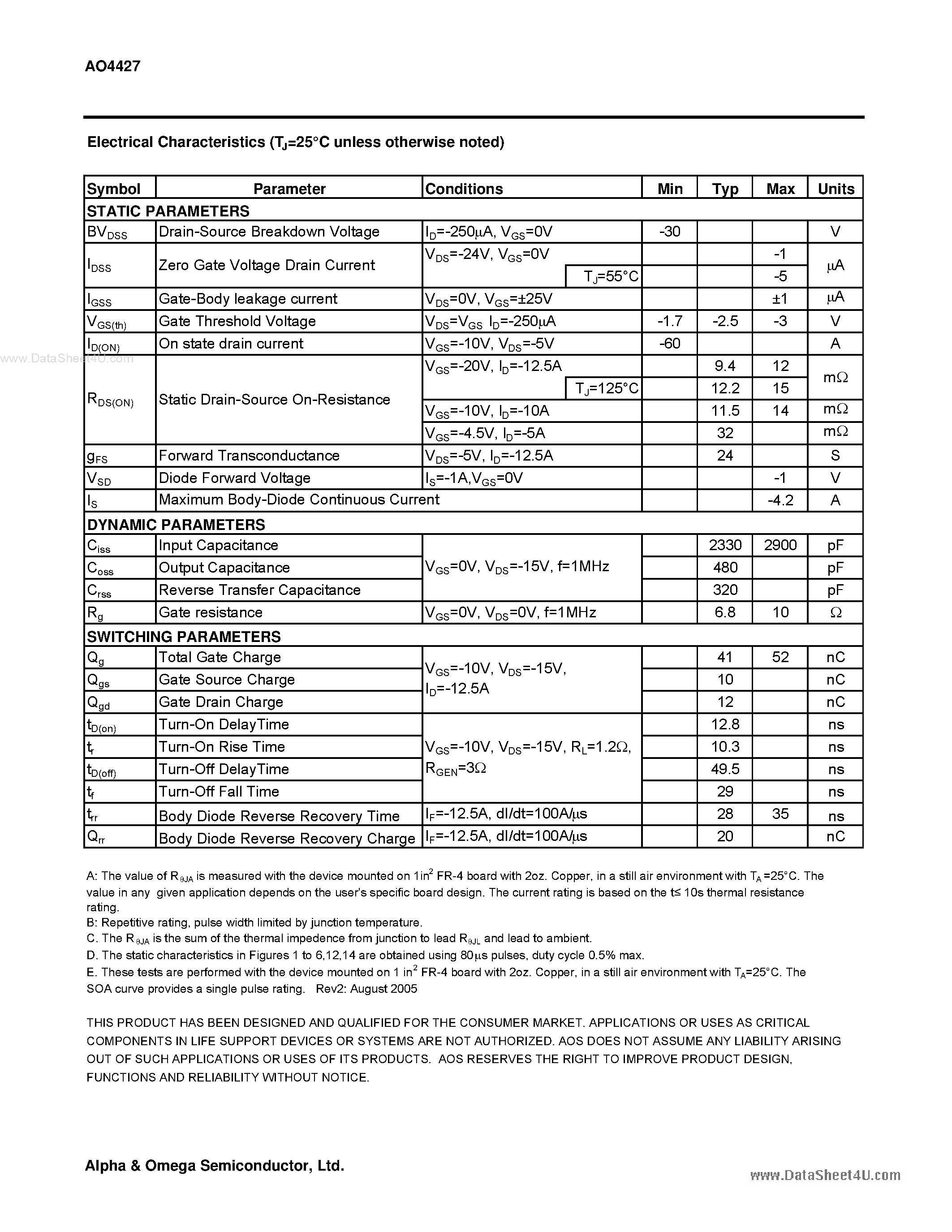 Datasheet AO4427 - P-Channel Enhancement Mode Field Effect Transistor page 2