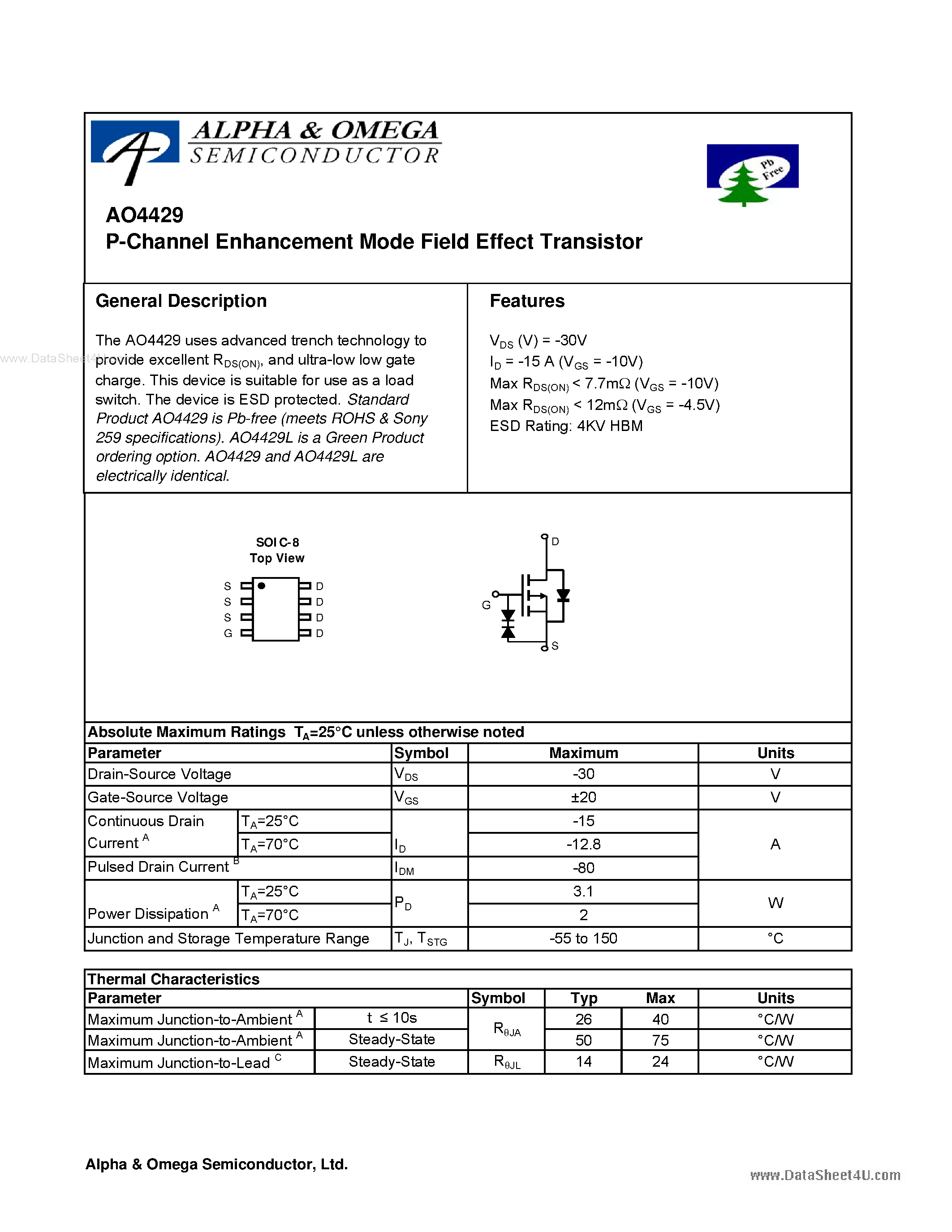 Datasheet AO4429 - P-Channel Enhancement Mode Field Effect Transistor page 1