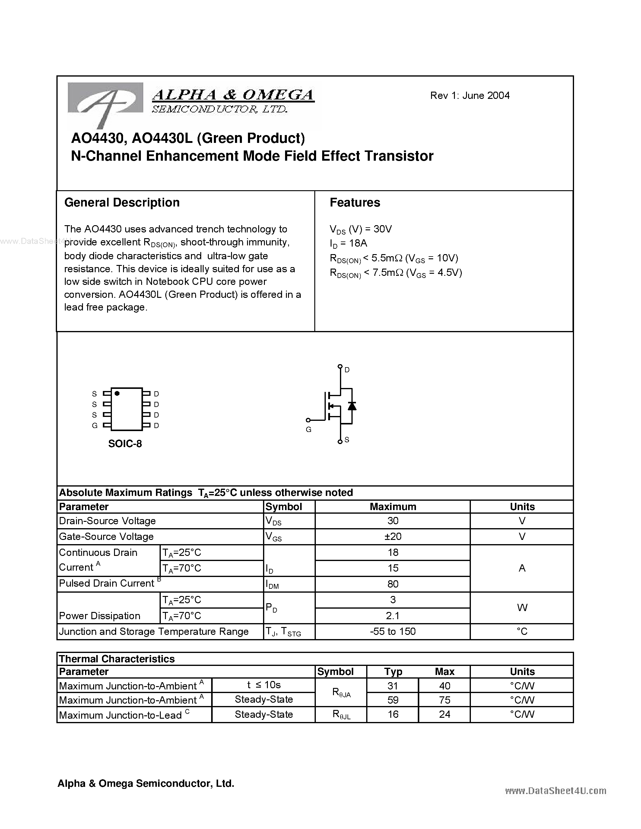 Datasheet AO4430 - N-Channel Enhancement Mode Field Effect Transistor page 1