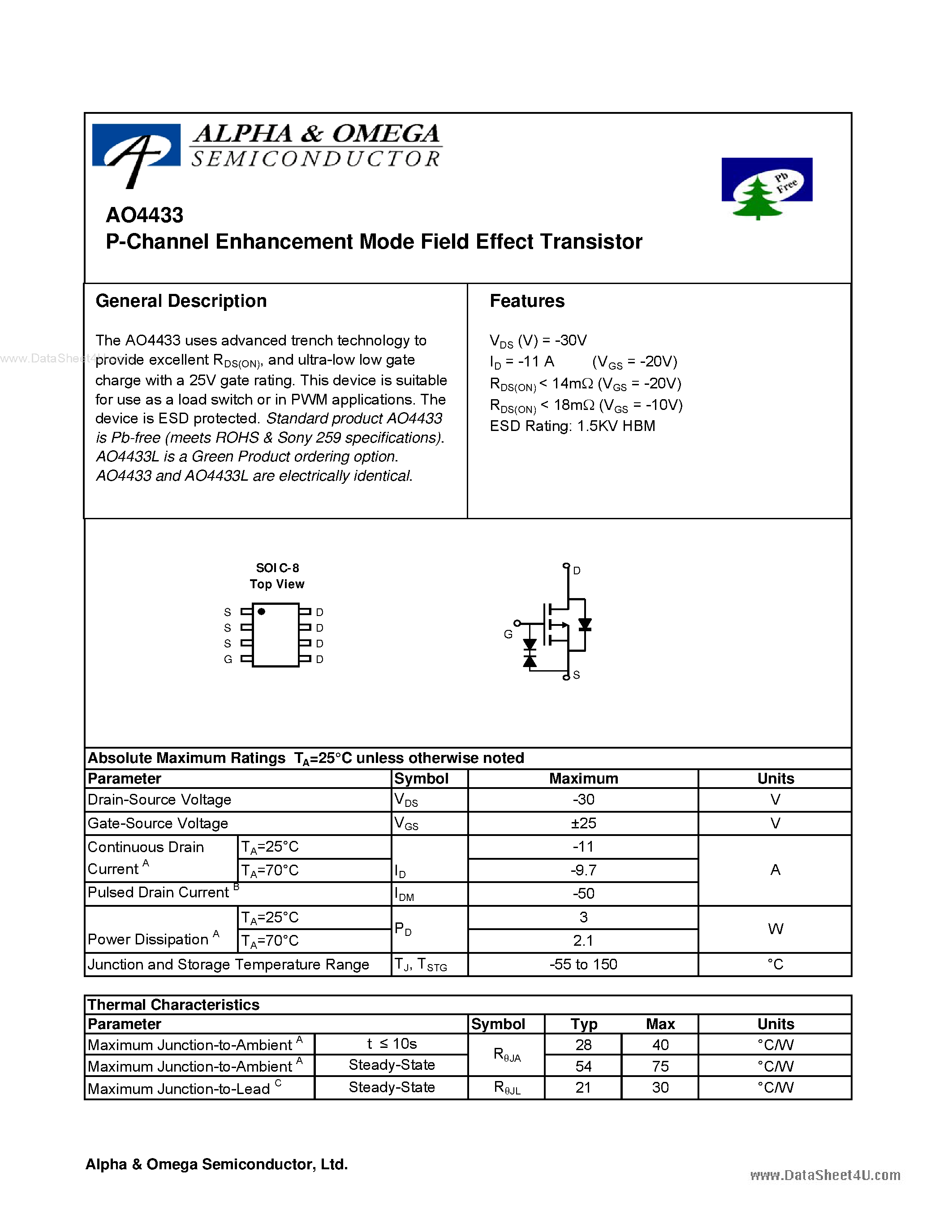 Datasheet AO4433 - P-Channel Enhancement Mode Field Effect Transistor page 1