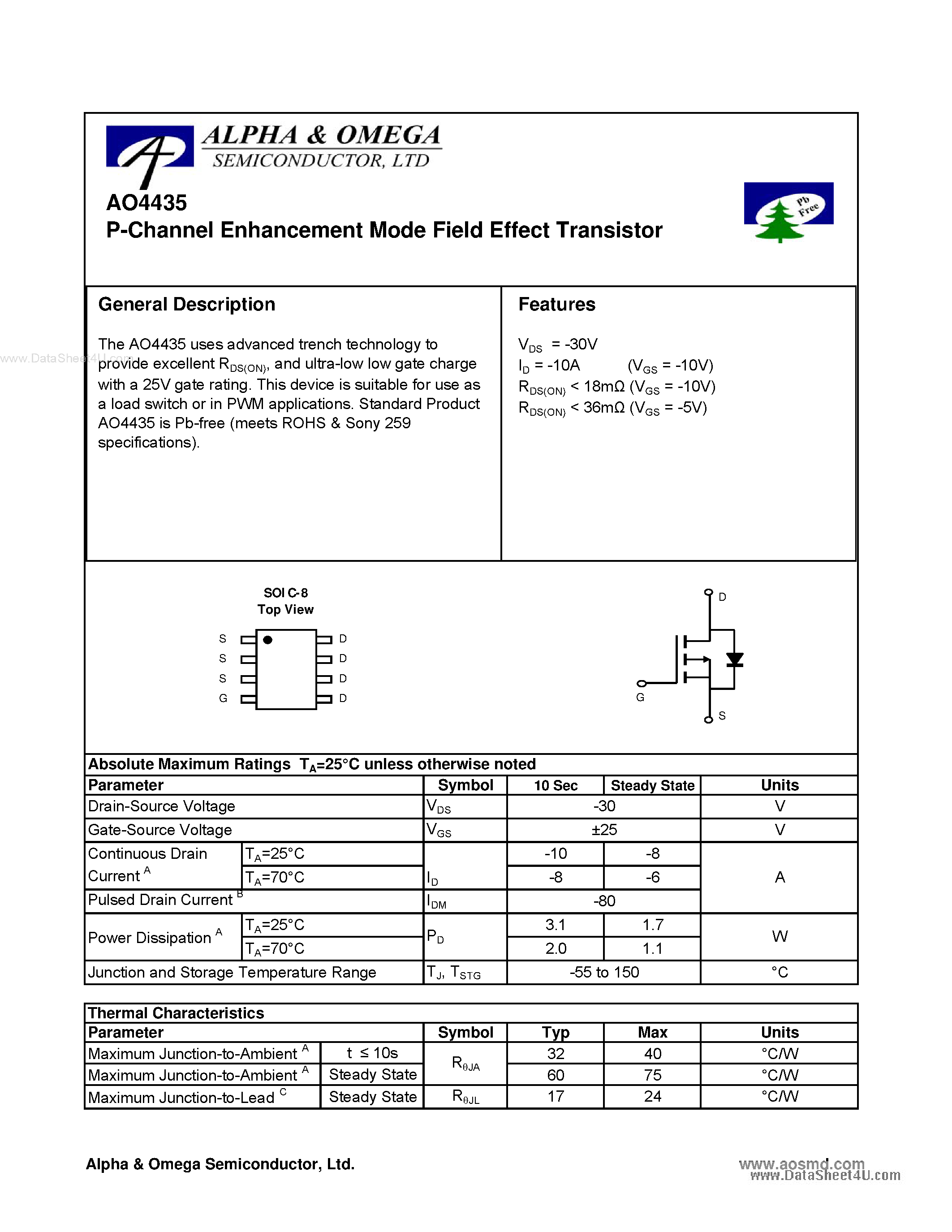 Datasheet AO4435 - P-Channel Enhancement Mode Field Effect Transistor page 1