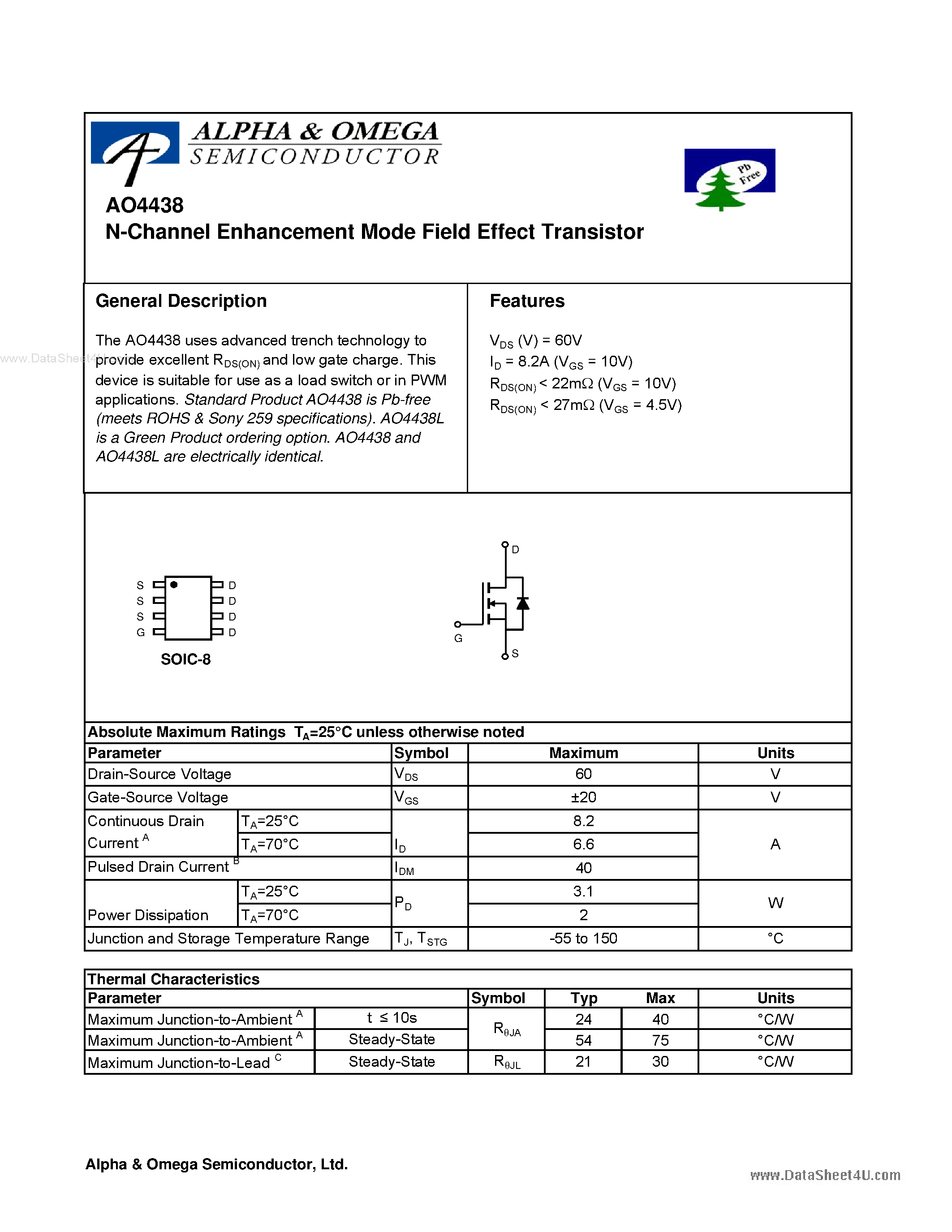Datasheet AO4438 - N-Channel Enhancement Mode Field Effect Transistor page 1