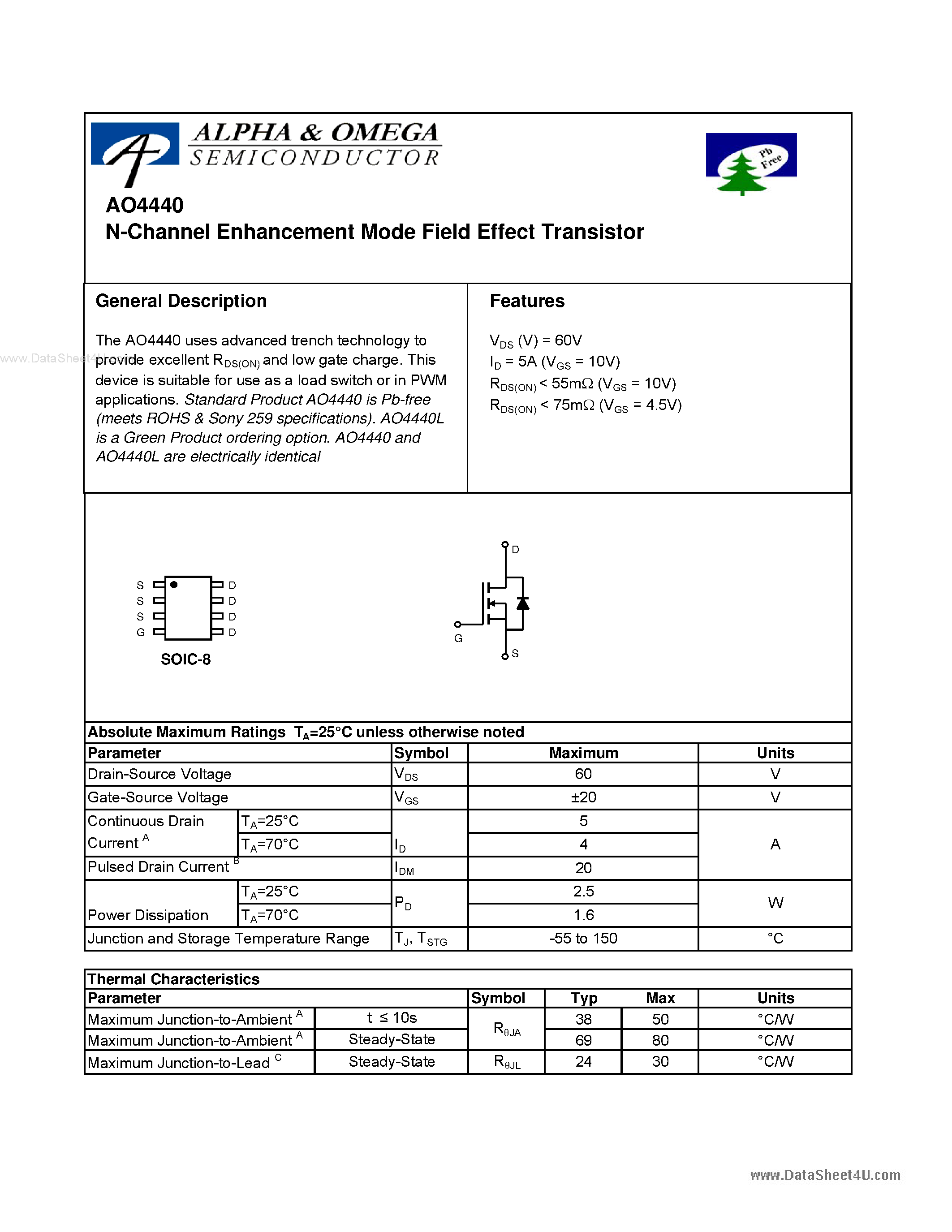 Datasheet AO4440 - N-Channel Enhancement Mode Field Effect Transistor page 1