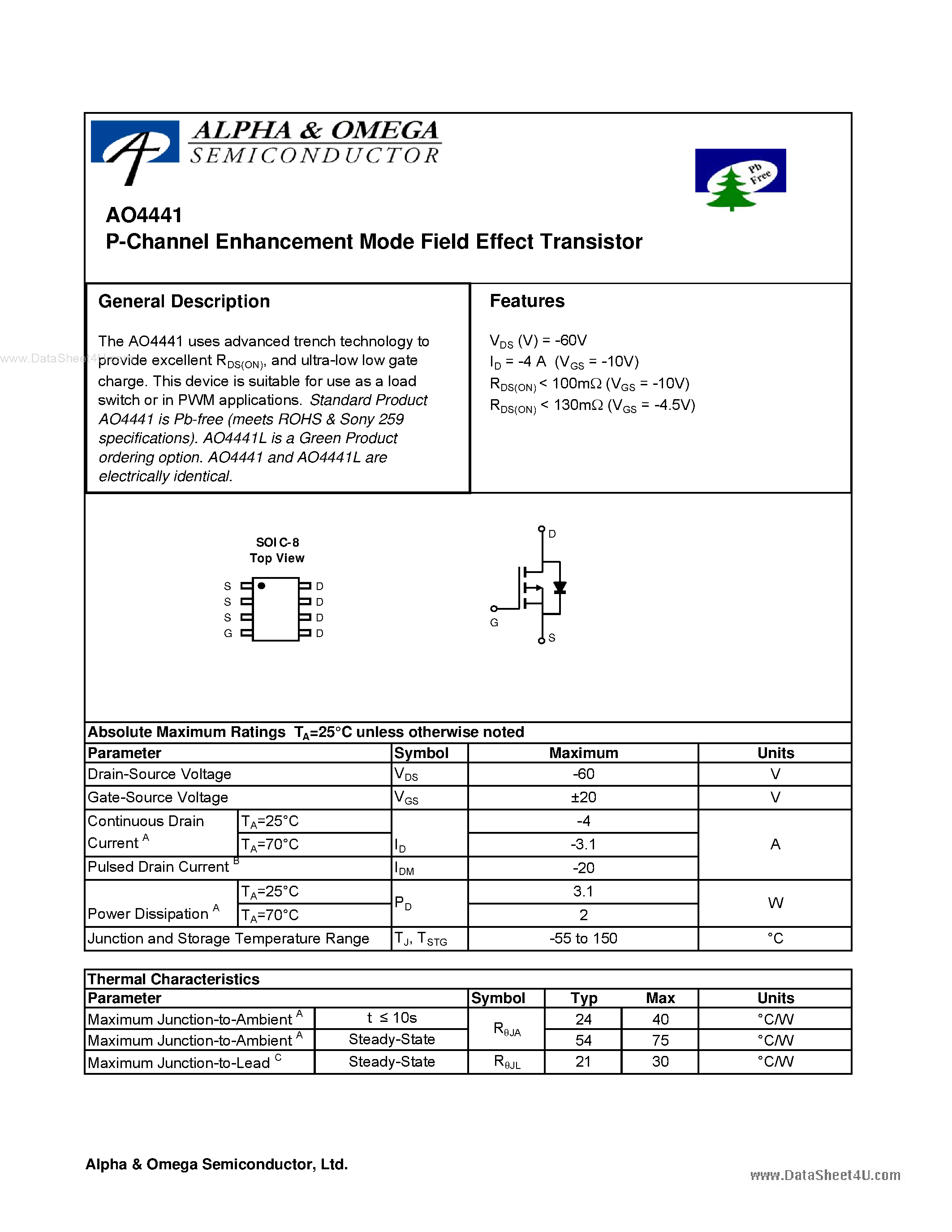 Datasheet AO4441 - P-Channel Enhancement Mode Field Effect Transistor page 1