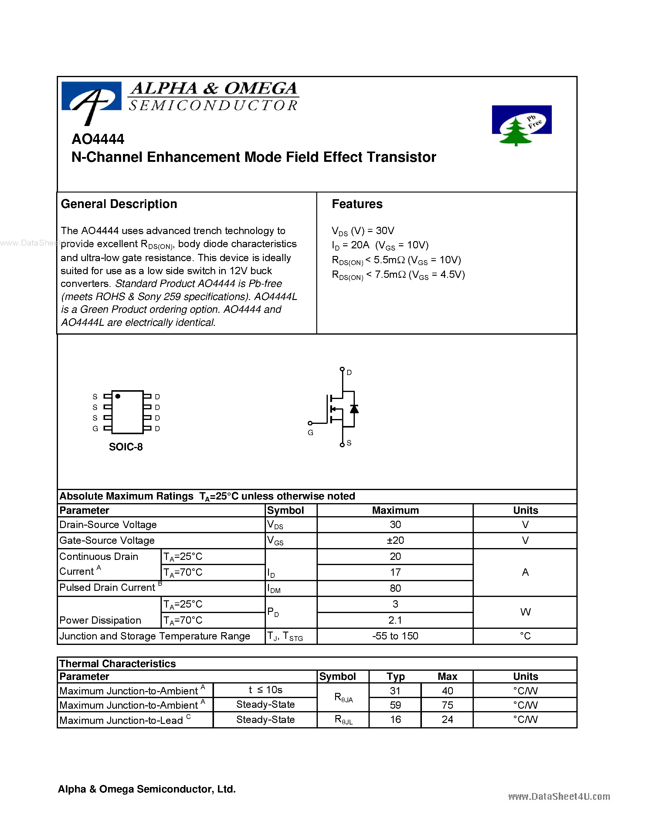 Datasheet AO4444 - N-Channel Enhancement Mode Field Effect Transistor page 1