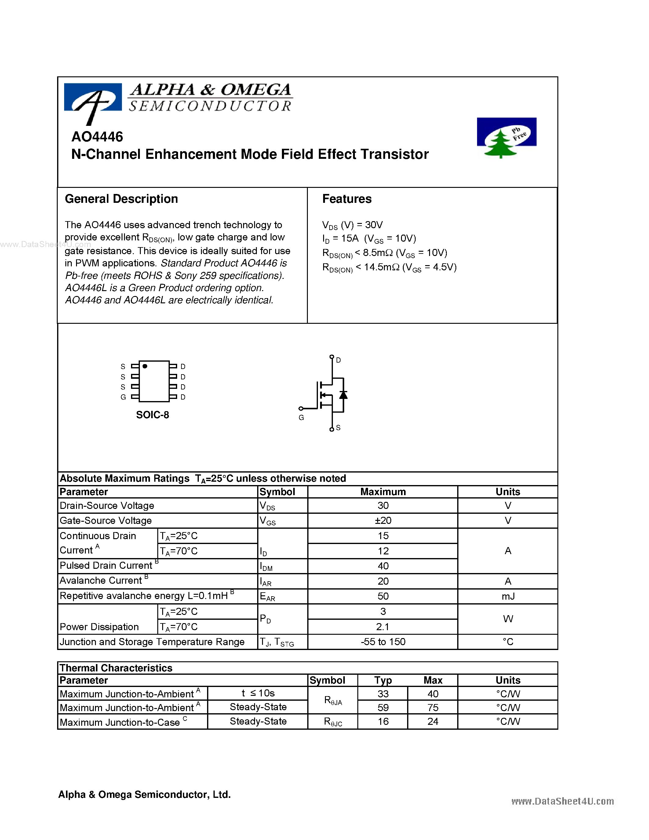 Datasheet AO4446 - N-Channel Enhancement Mode Field Effect Transistor page 1