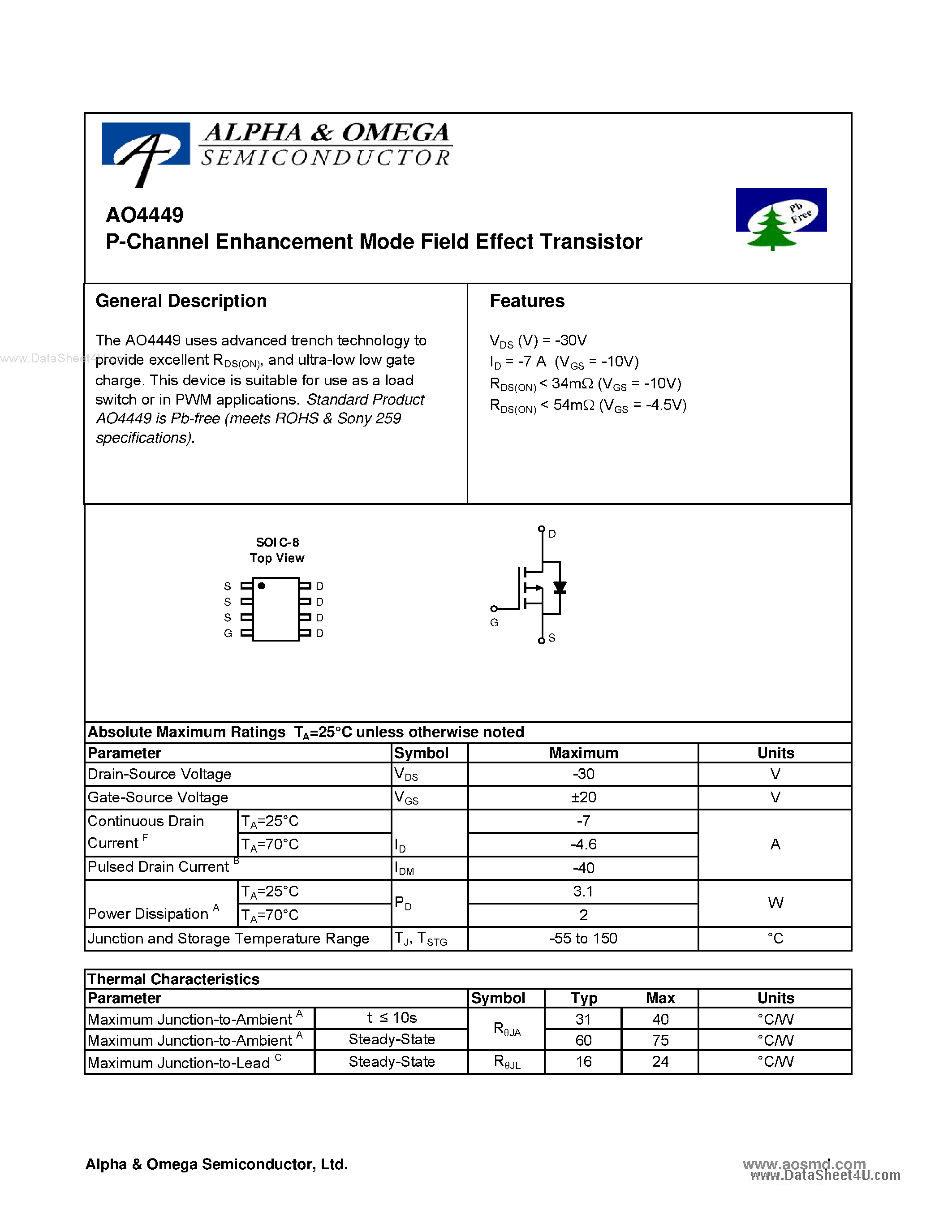 Datasheet AO4449 - P-Channel Enhancement Mode Field Effect Transistor page 1