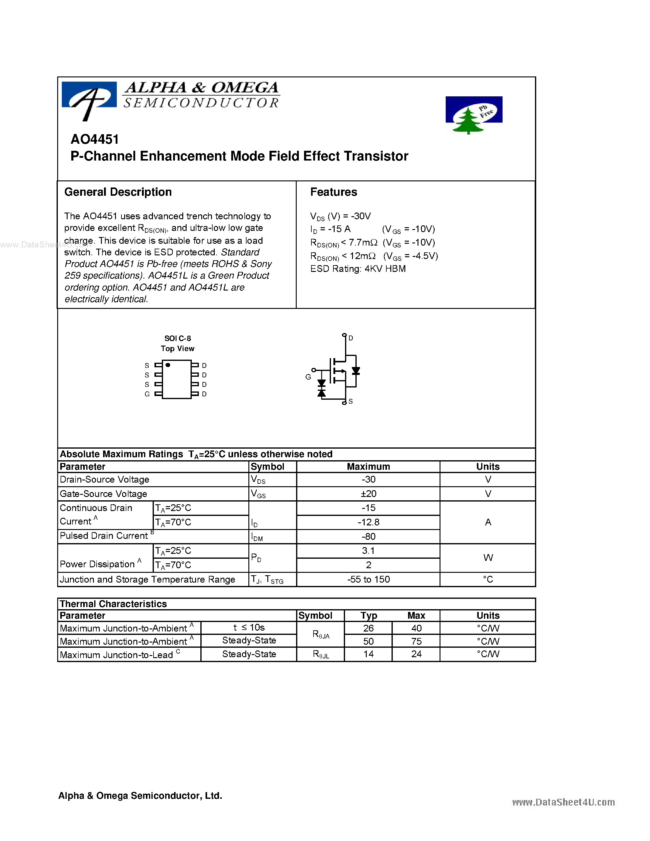 Datasheet AO4451 - P-Channel Enhancement Mode Field Effect Transistor page 1