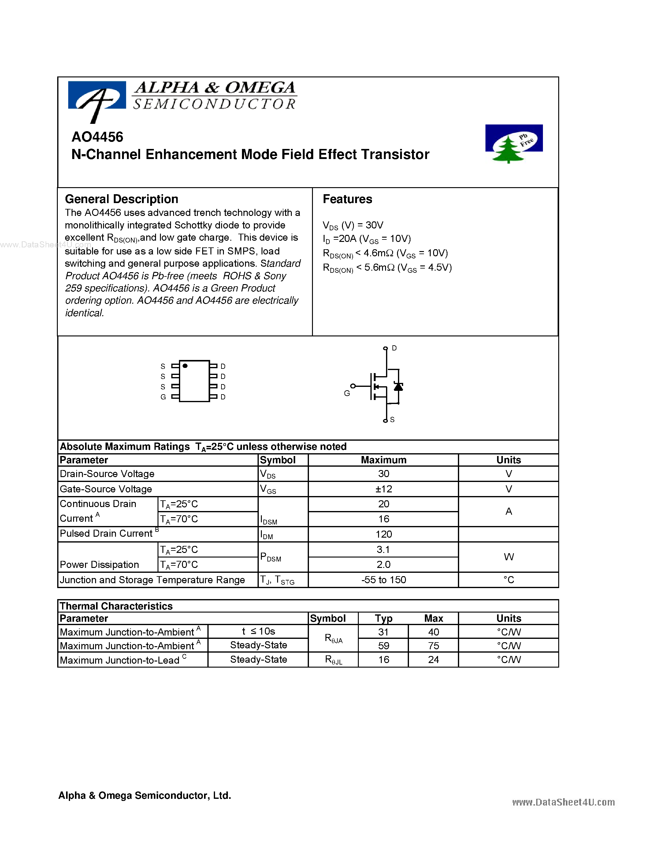 Datasheet AO4456 - N-Channel Enhancement Mode Field Effect Transistor page 1