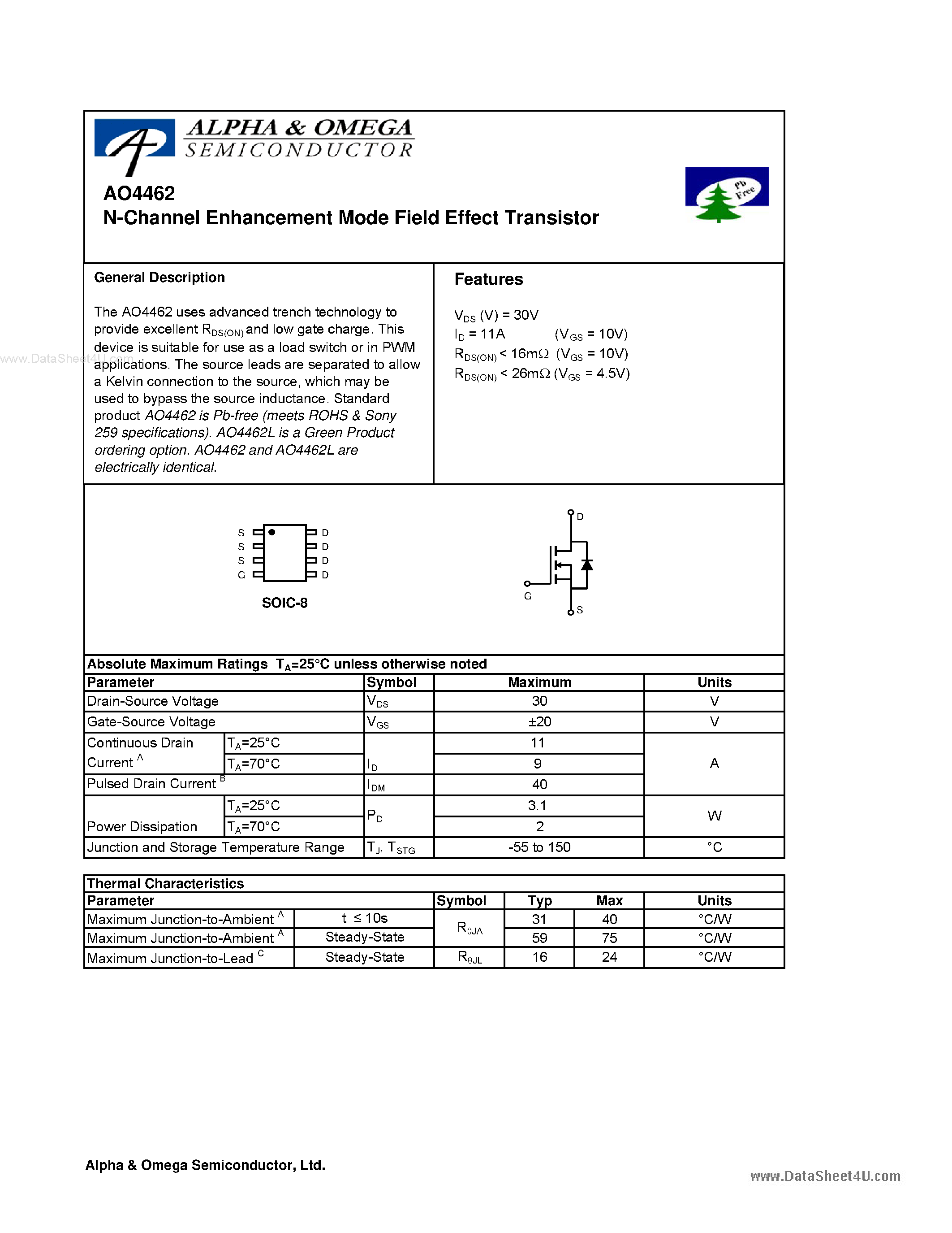 Datasheet AO4462 - N-Channel Enhancement Mode Field Effect Transistor page 1