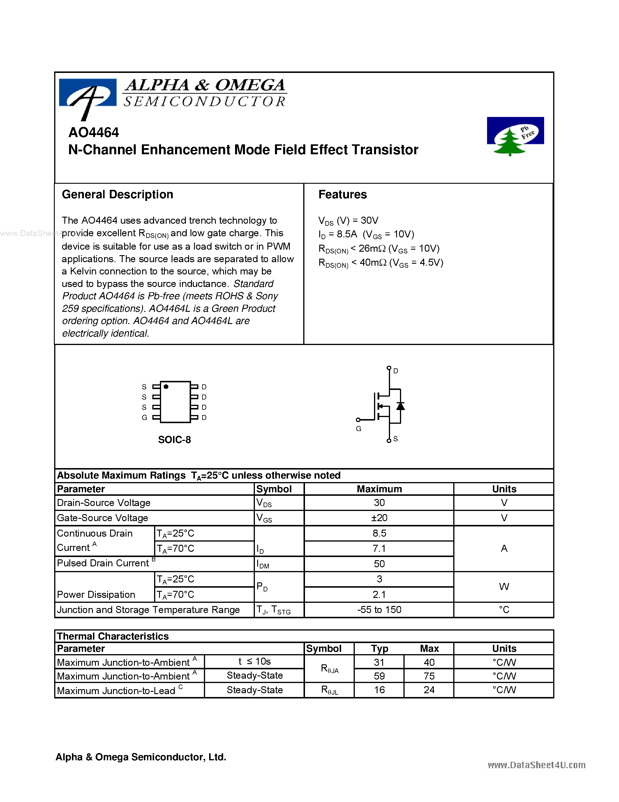 Datasheet AO4464 - N-Channel Enhancement Mode Field Effect Transistor page 1