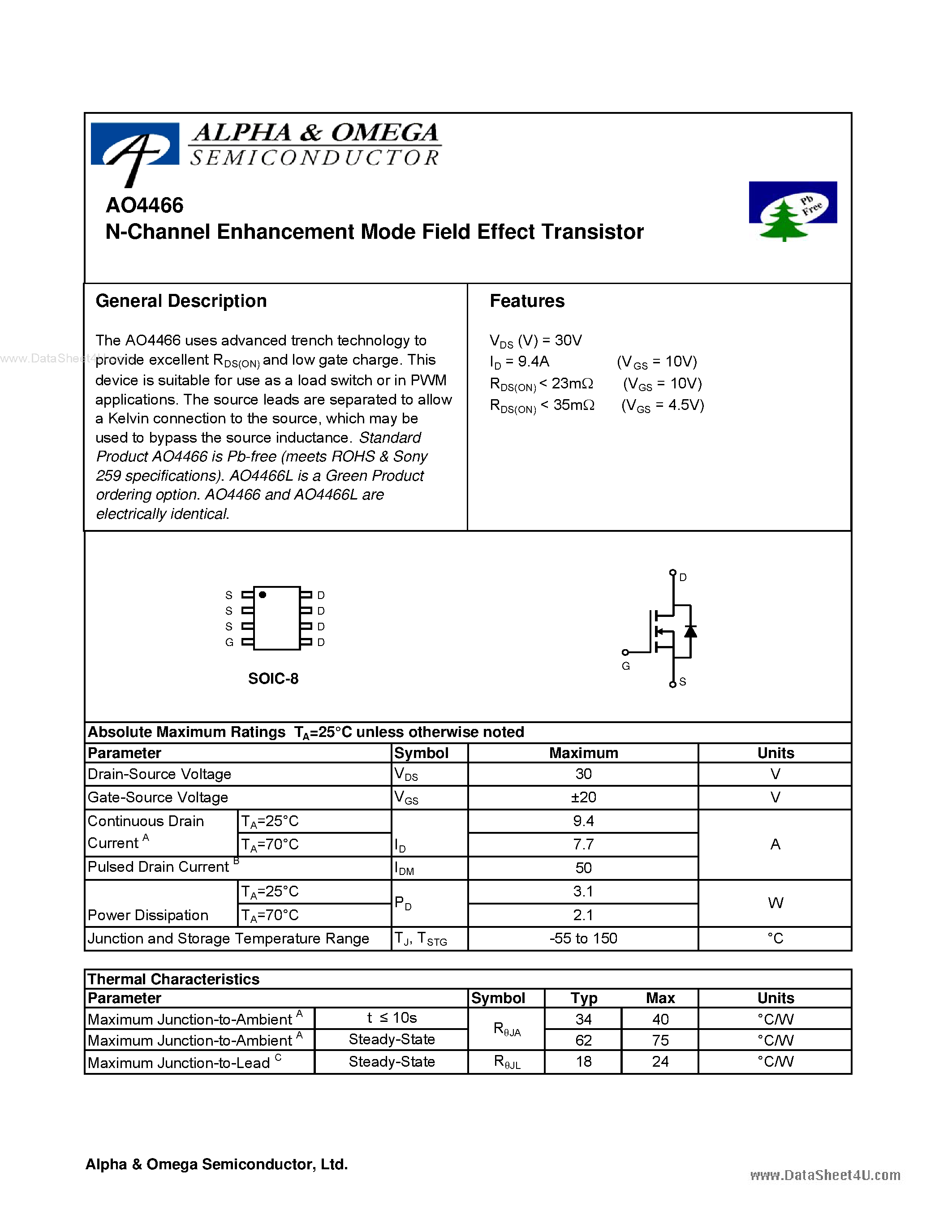 Datasheet AO4466 - N-Channel Enhancement Mode Field Effect Transistor page 1