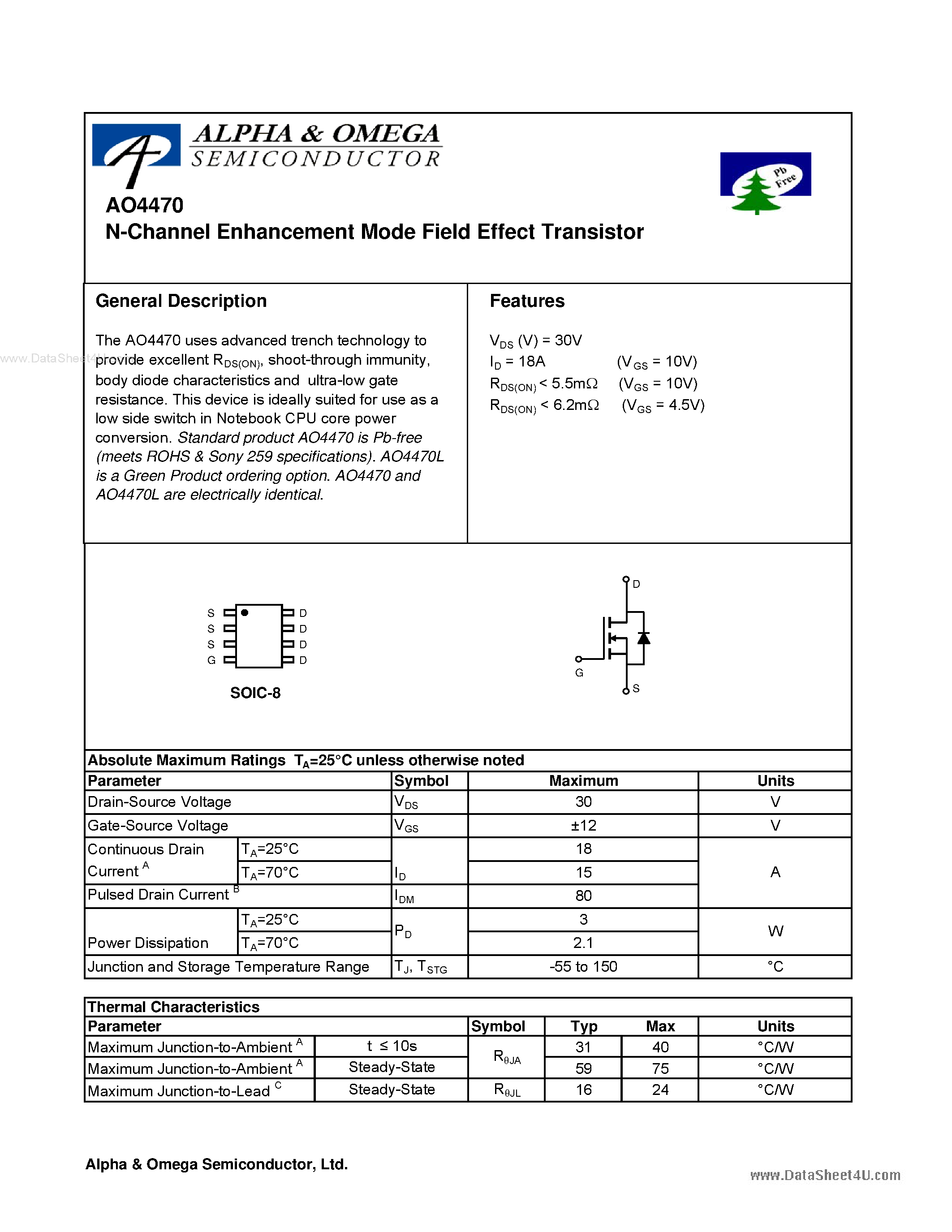 Datasheet AO4470 - N-Channel Enhancement Mode Field Effect Transistor page 1