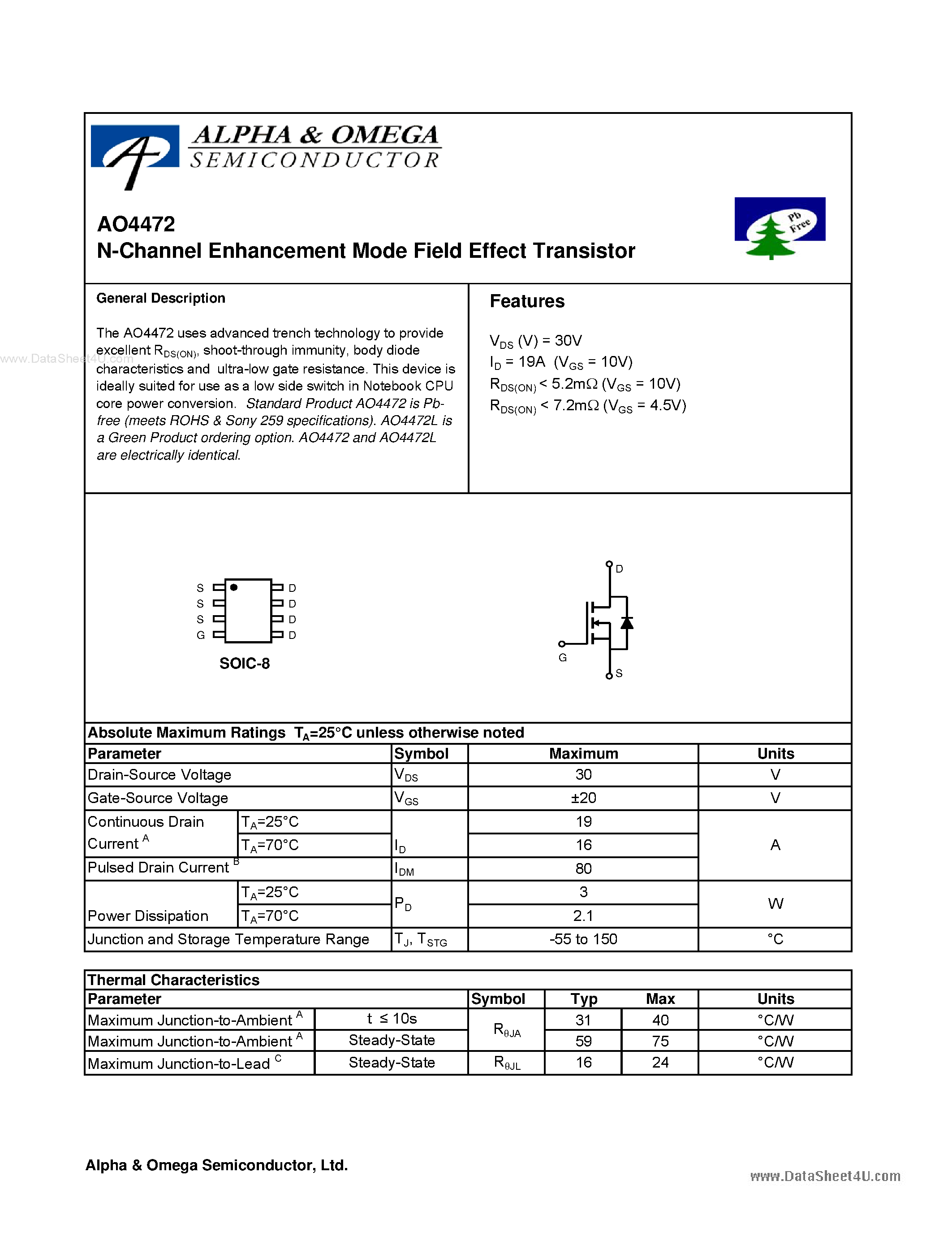 Datasheet AO4472 - N-Channel Enhancement Mode Field Effect Transistor page 1