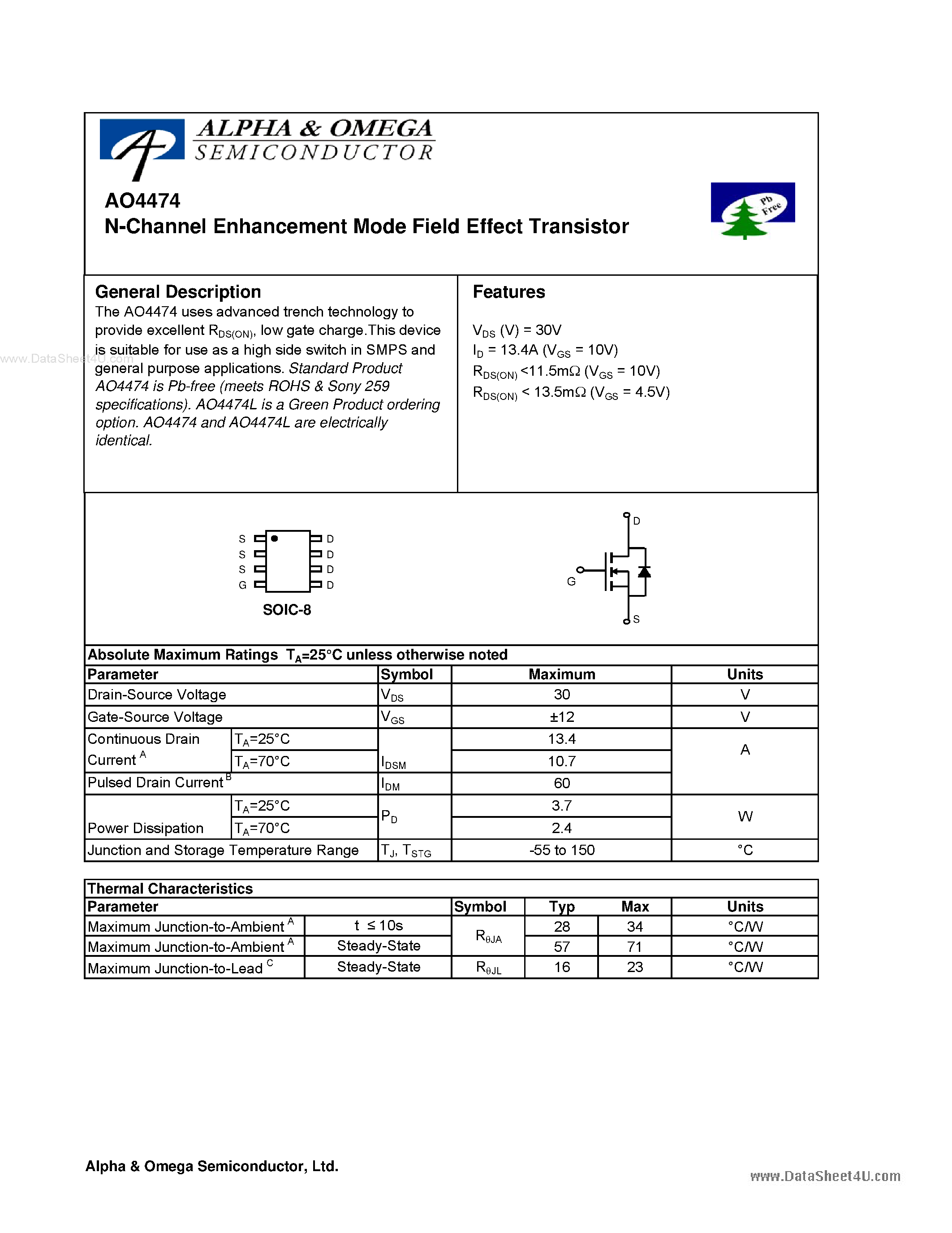 Datasheet AO4474 - N-Channel Enhancement Mode Field Effect Transistor page 1