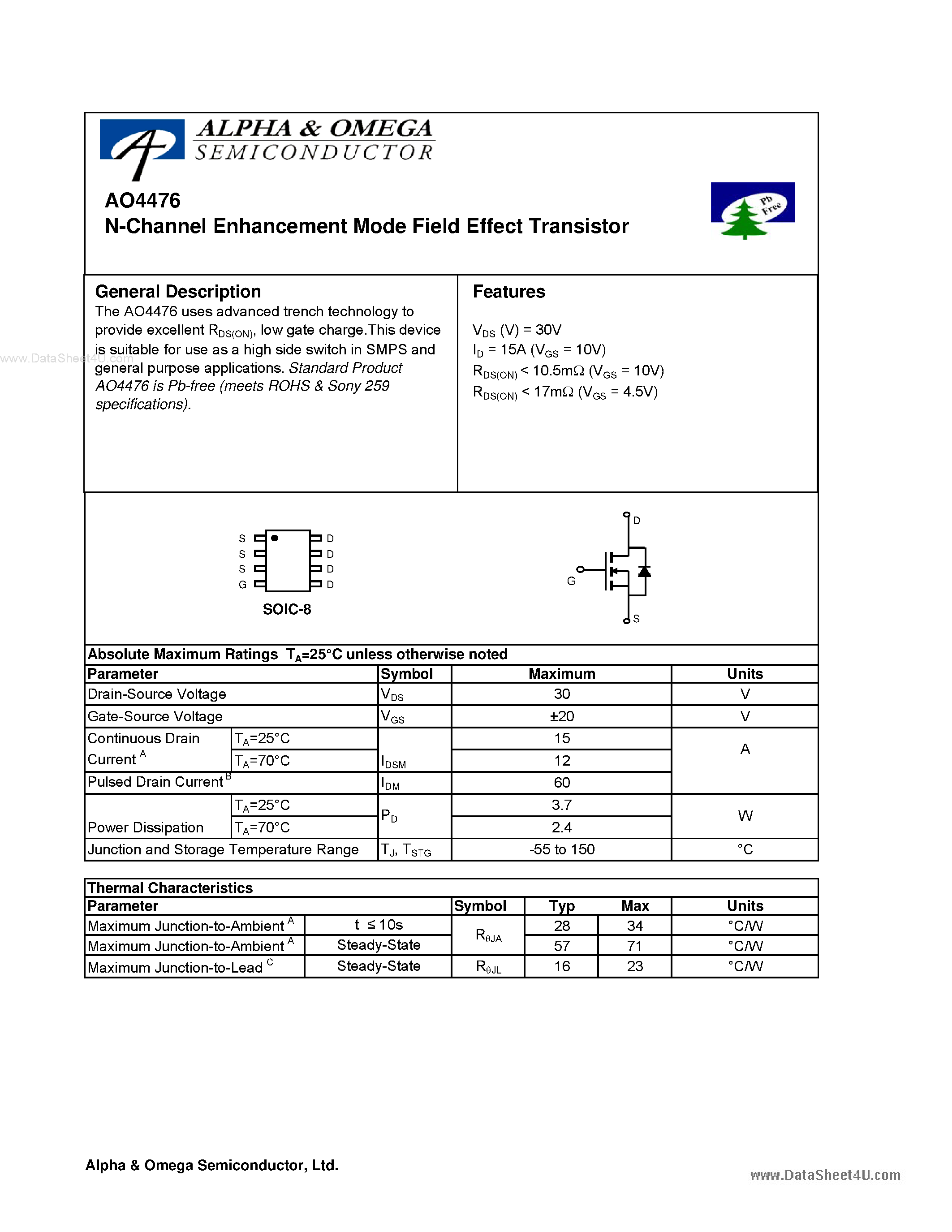 Datasheet AO4476 - N-Channel Enhancement Mode Field Effect Transistor page 1
