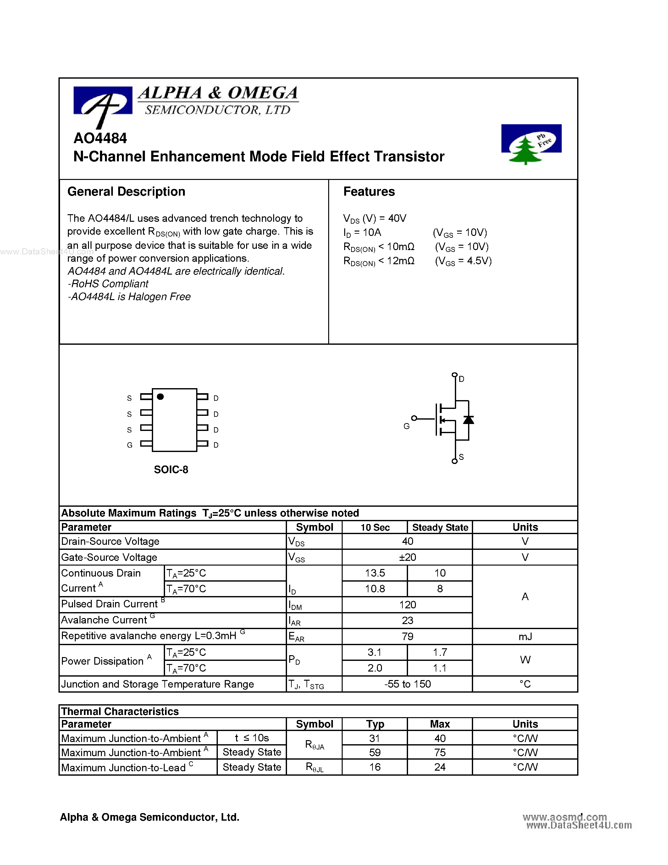 Datasheet AO4484 - N-Channel Enhancement Mode Field Effect Transistor page 1