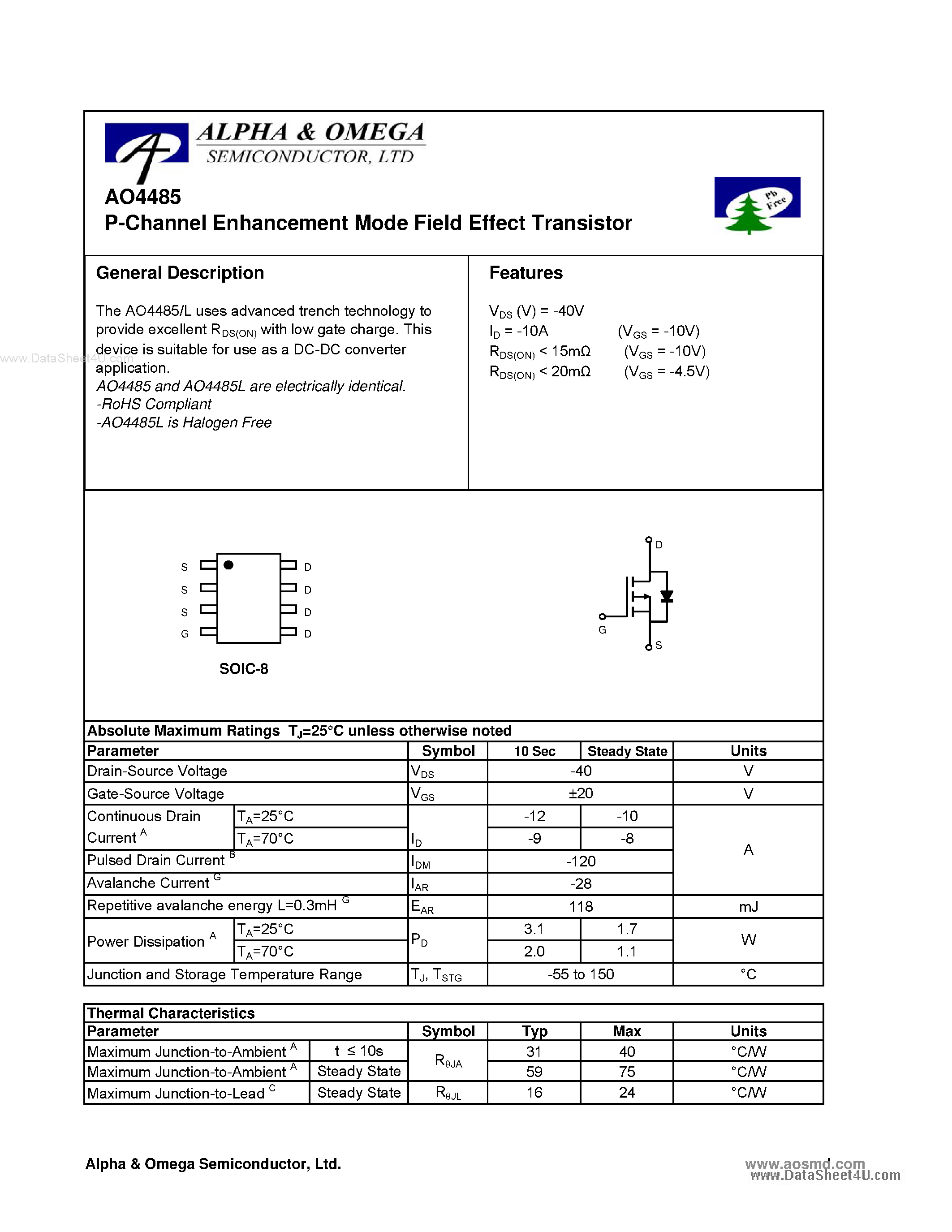 Datasheet AO4485 - P-Channel Enhancement Mode Field Effect Transistor page 1