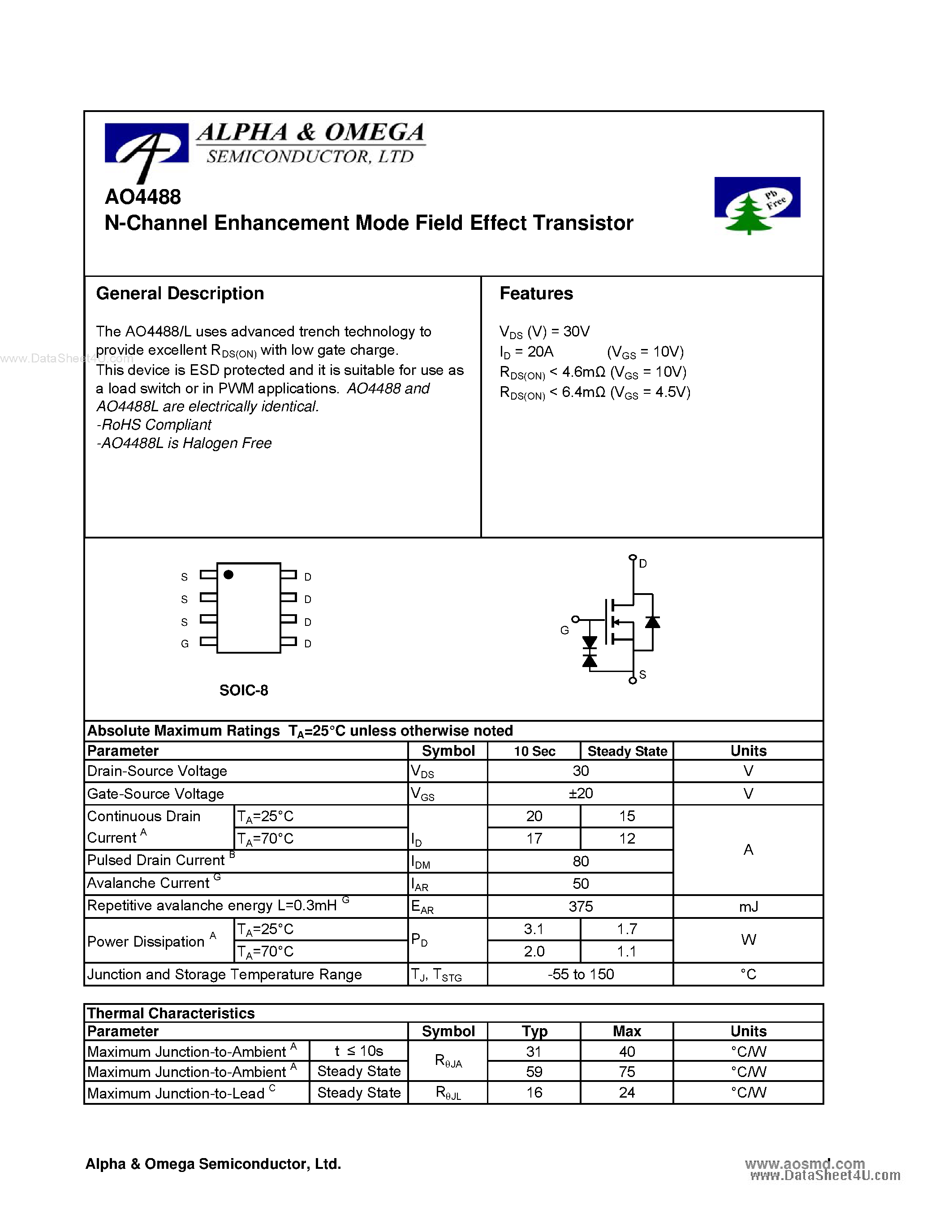 Datasheet AO4488 - N-Channel Enhancement Mode Field Effect Transistor page 1